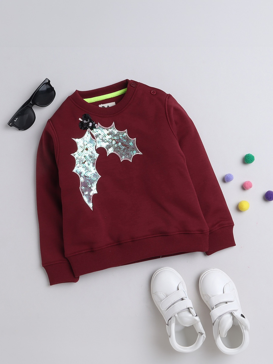 

Yellow Apple Girls Graphic Printed Embellished Woollen Pullover Sweatshirt, Maroon