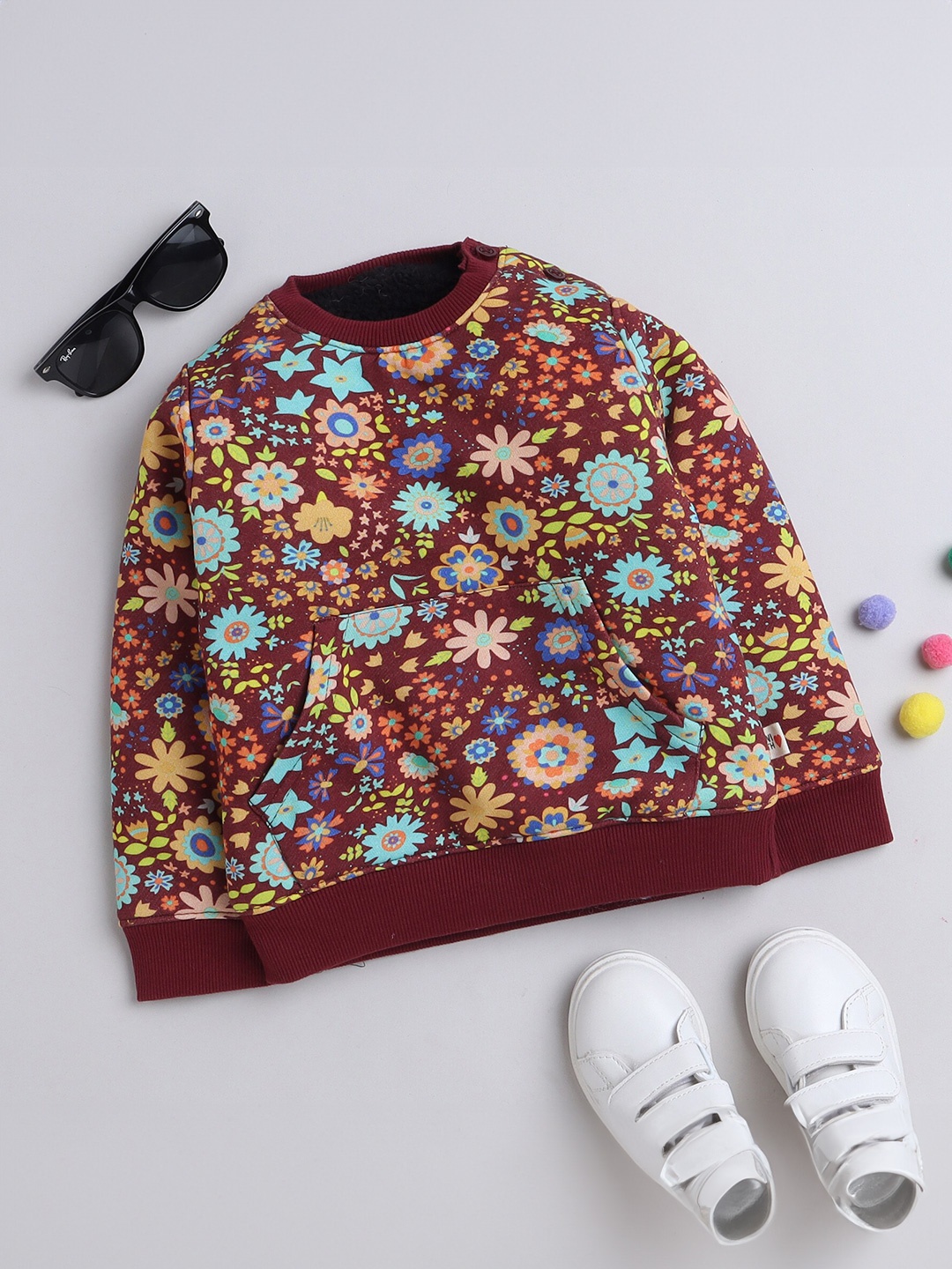 

Yellow Apple Girls Floral Printed Woollen Pullover Sweatshirt, Burgundy