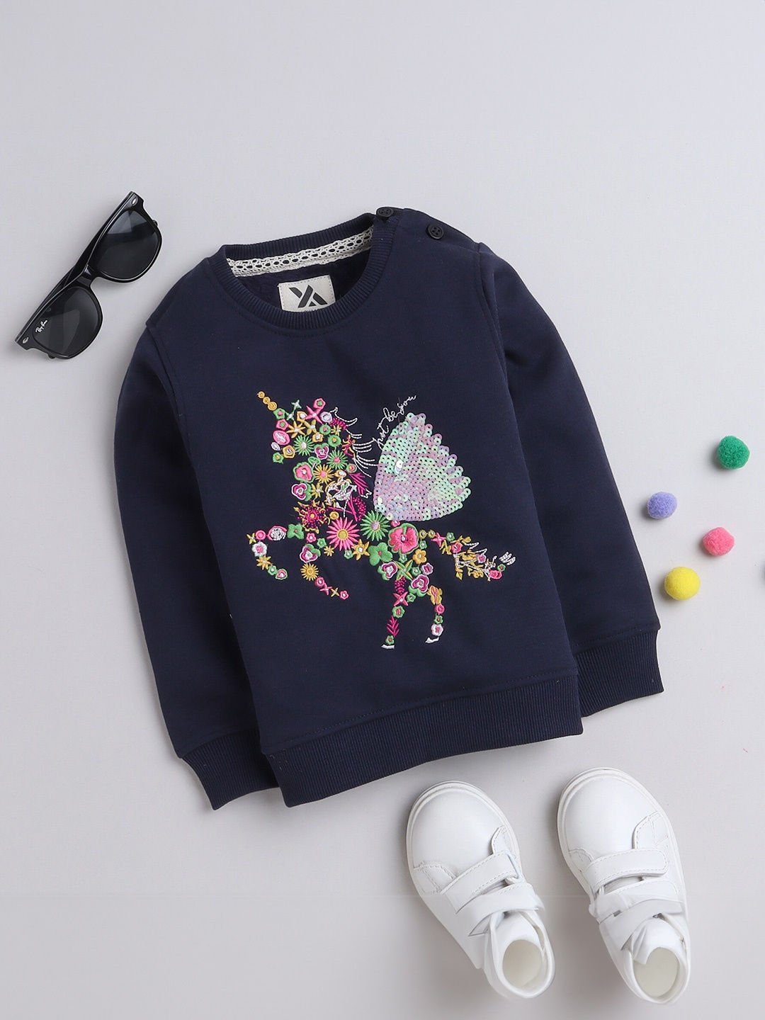 

Yellow Apple Girls Graphic Embroidered Woollen Pullover Sweatshirt, Navy blue