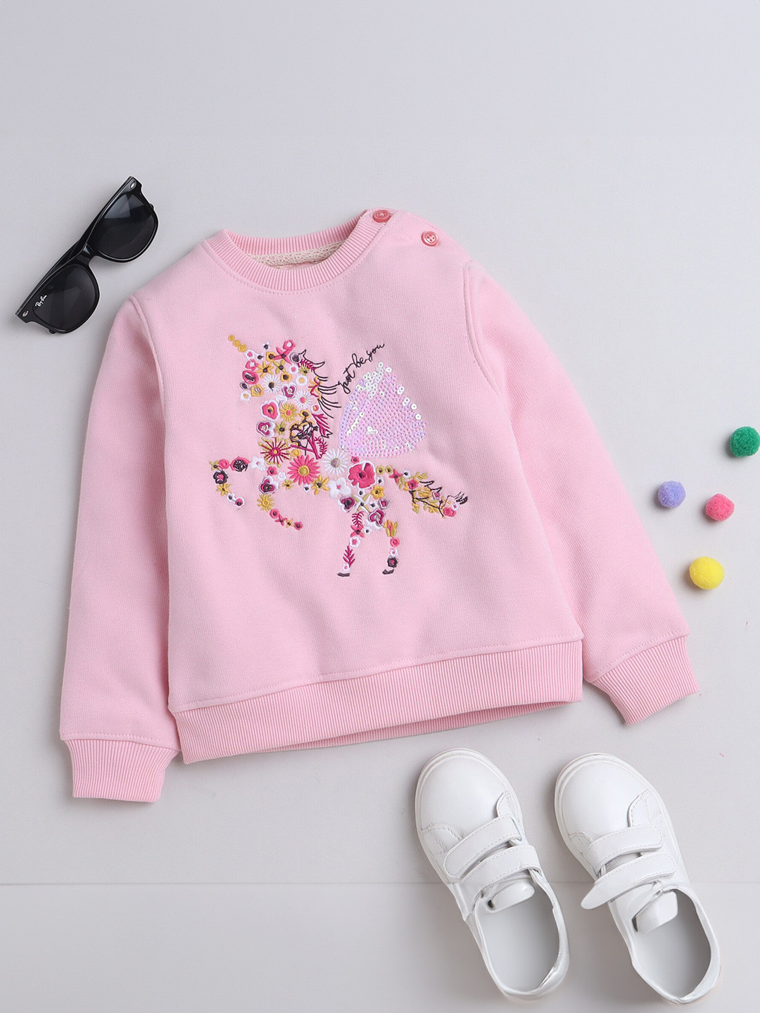 

Yellow Apple Girls Graphic Embroidered Embellished Woollen Pullover Sweatshirt, Pink