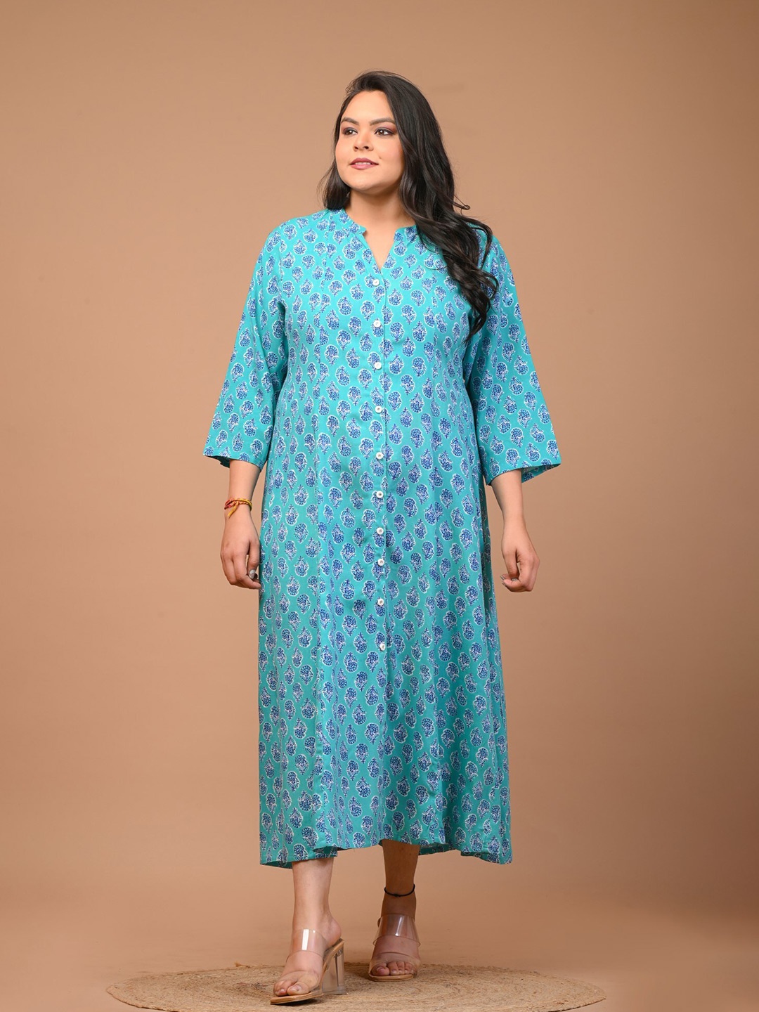 

KALINI Plus Size Ethnic Motifs Printed Mandarin Collar A-Line Midi Dress, Blue