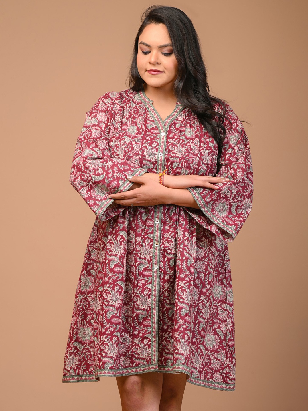 

KALINI Plus Size Floral Printed Cotton A-Line Dress, Maroon