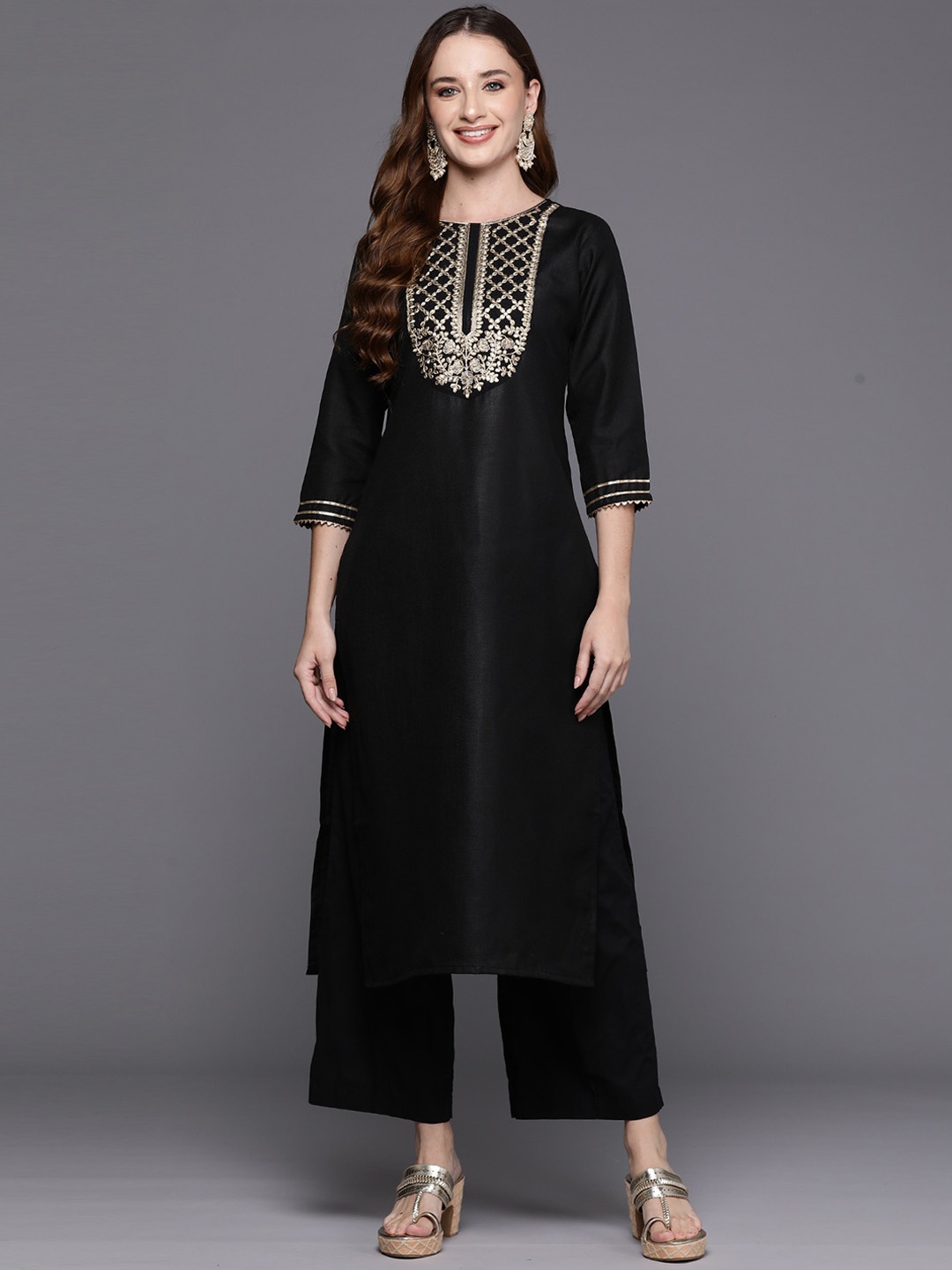 

Anouk Black Ethnic Motifs Yoke Design Straight Kurta