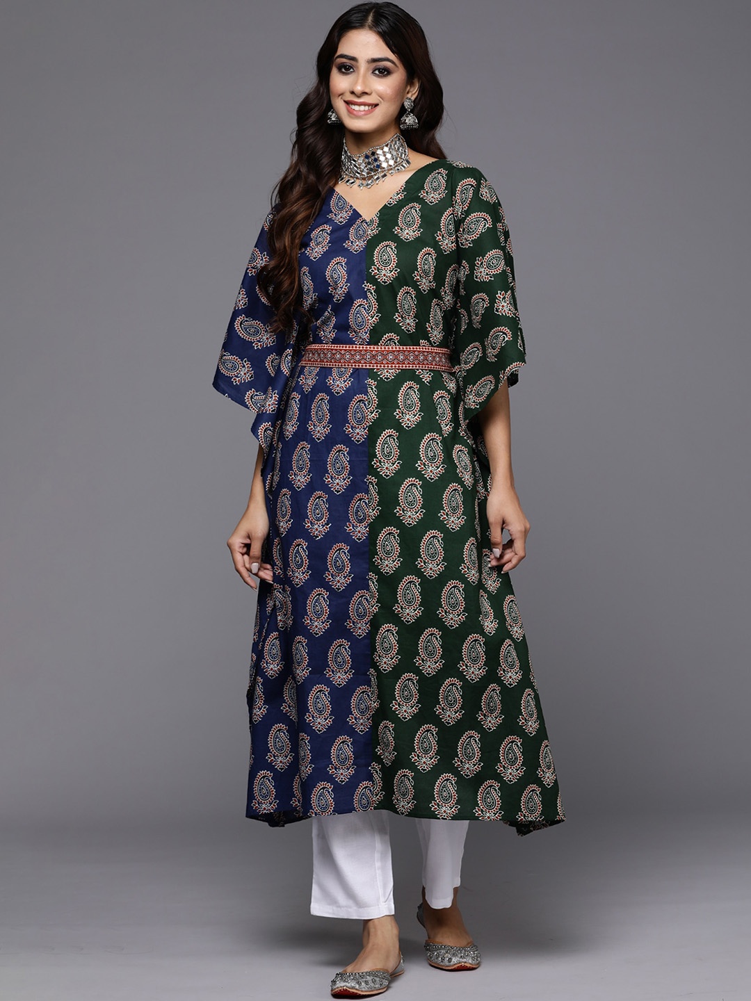 

Anouk Blue Ethnic Motifs Printed V-Neck Flared Sleeve Pure Cotton Kaftan Kurta