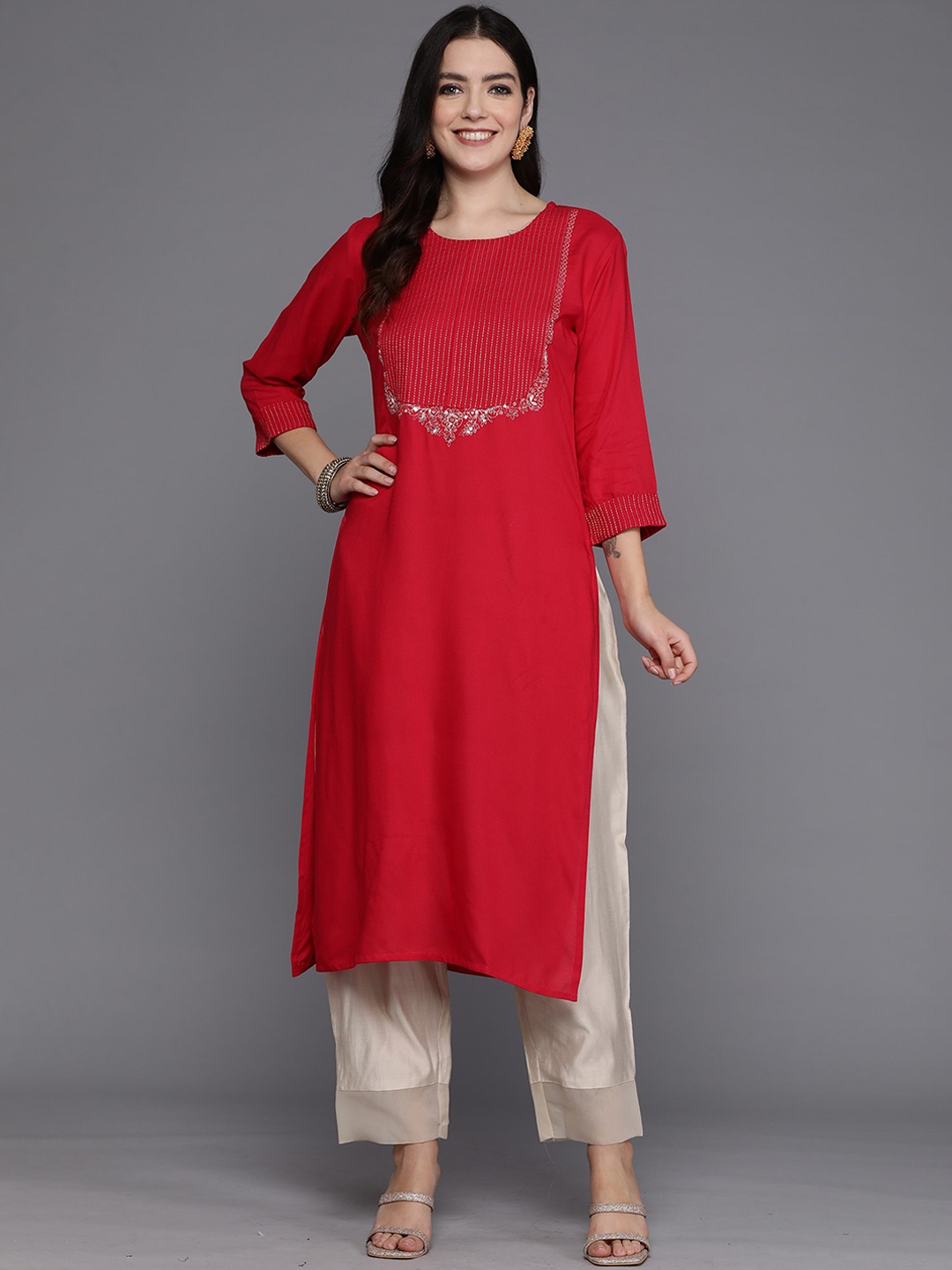 

Anouk Floral Yoke Design Three-Quarter Sleeves Thread Work Straight Kurta, Magenta