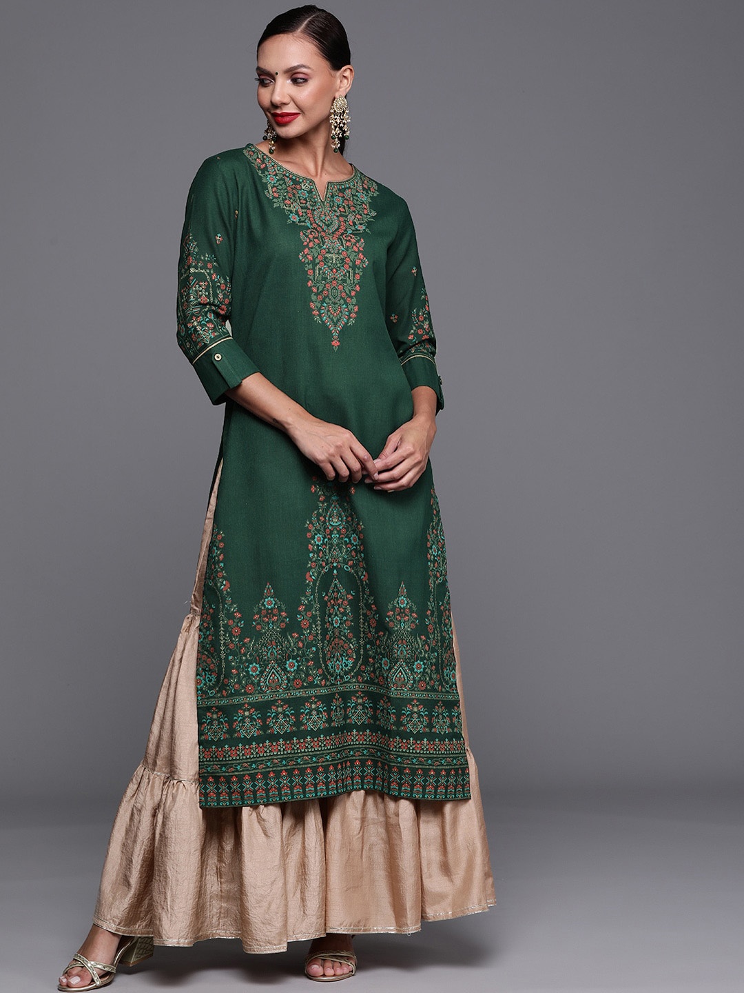 

Anouk Ethnic Motifs Foil Printed Cotton Straight Kurta, Green