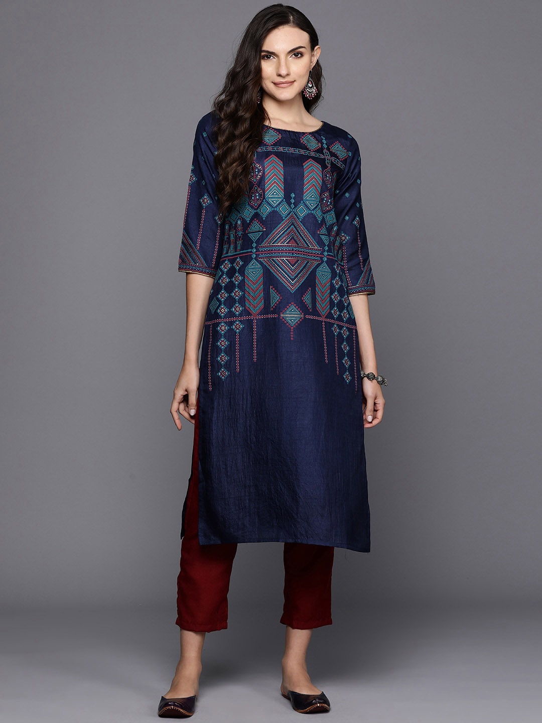 

Anouk Navy Blue Ethnic Motif Printed Straight Kurta