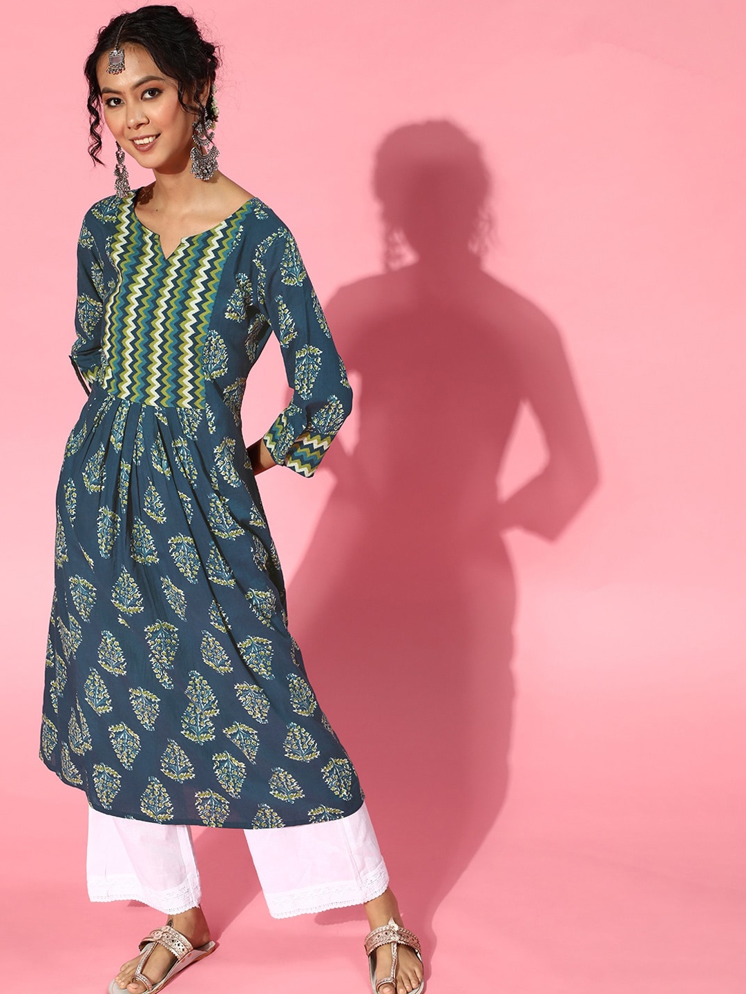 

Anouk Blue Ethnic Motifs Printed Roll Up Sleeves Pure Cotton A-Line Kurta