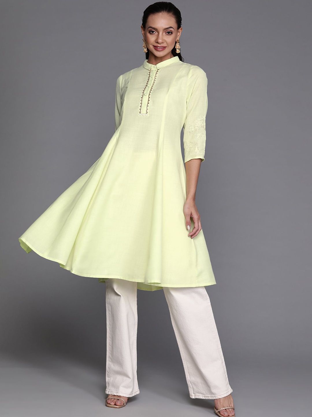 

Anouk Cotton Thread Work Panelled A-Line Kurta, Yellow