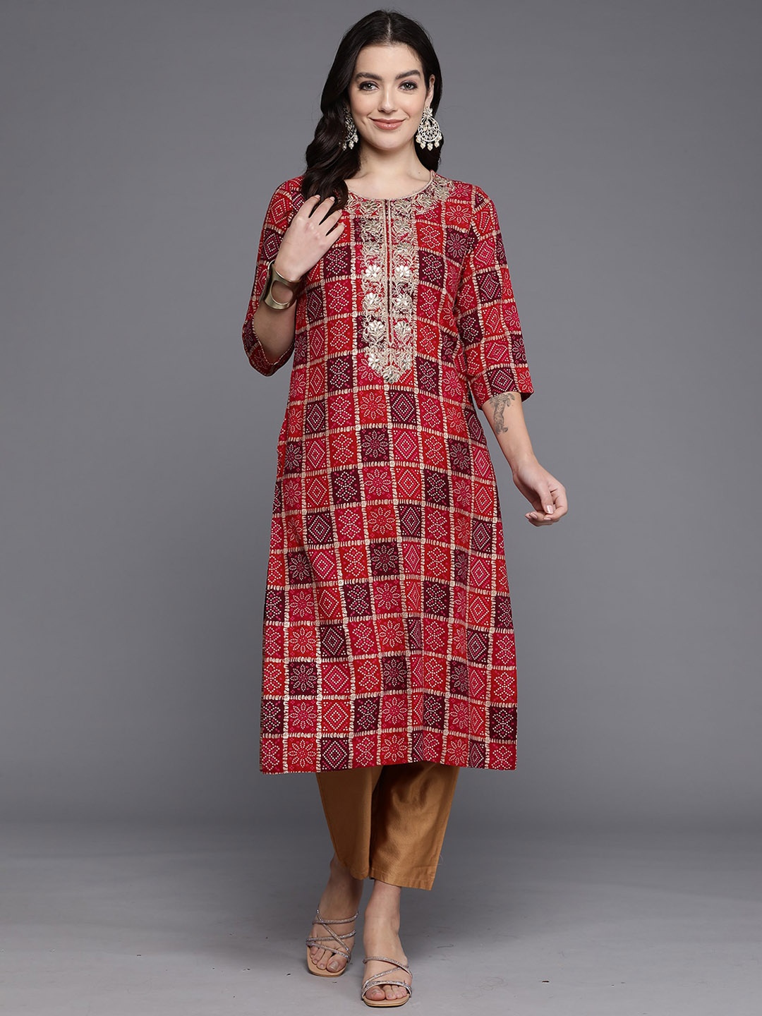 

Anouk Bandhani Printed Thread Work Straight Kurta, Red
