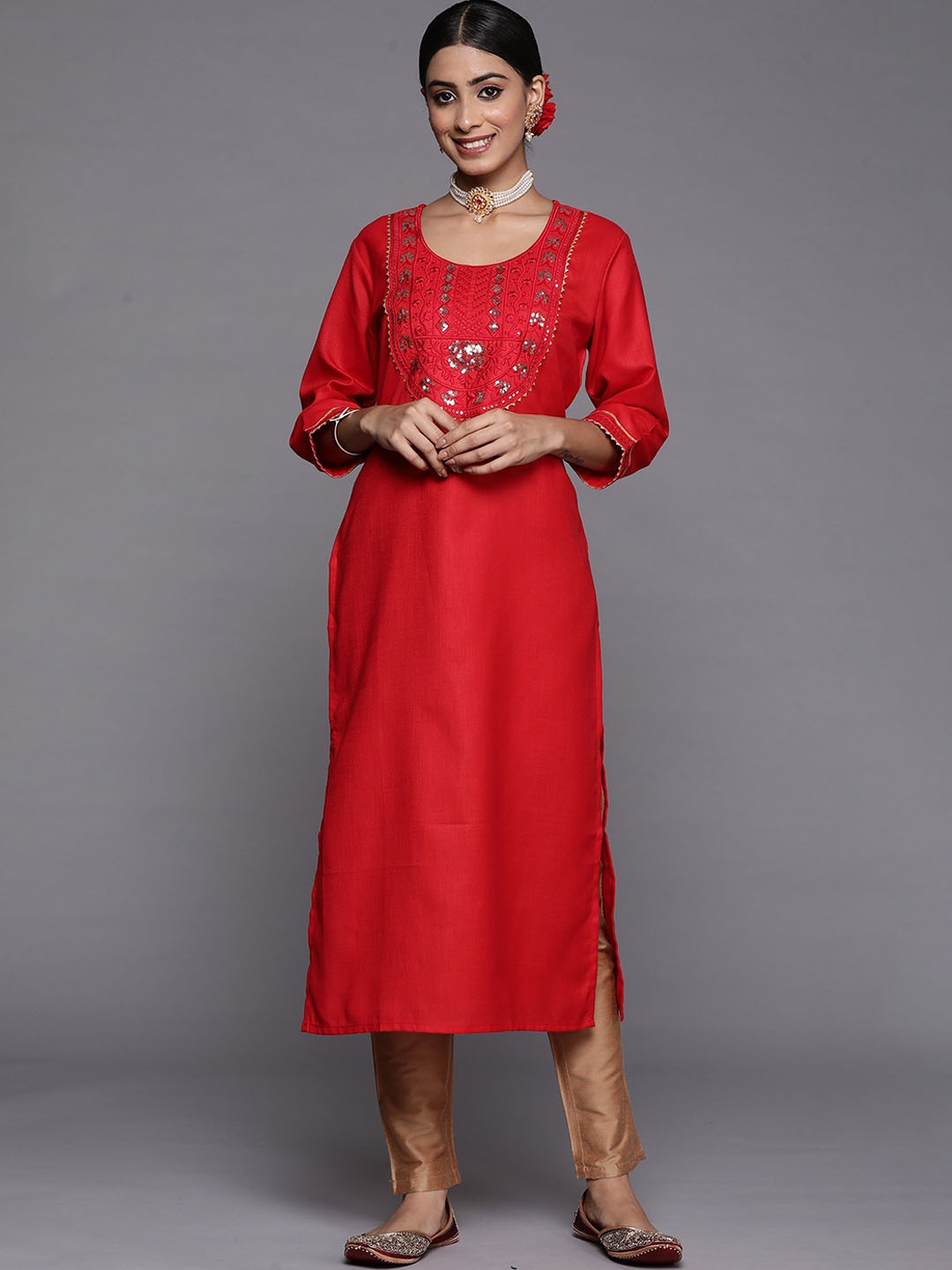 

Anouk Abstract Embroidered Round Neck Three-Quarter Sleeves Thread Work Straight Kurta, Red