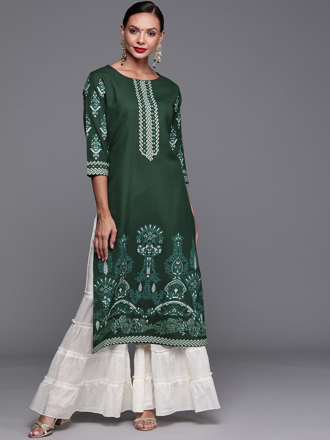 

Anouk Ethnic Motifs Foil Printed Cotton Straight Kurta, Green