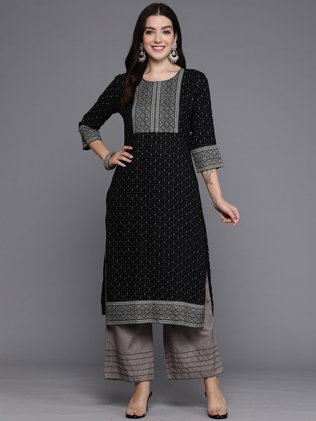 

Anouk Ethnic Motifs Yoke Design Straight Kurta, Black