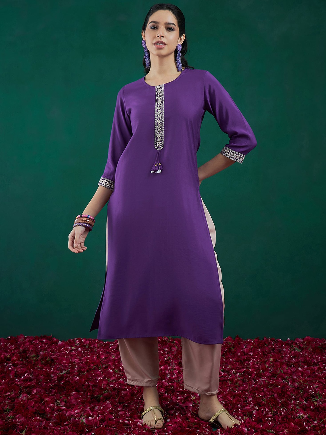 

Anouk Purple Round Neck Thread Work Chanderi Silk Straight Kurta