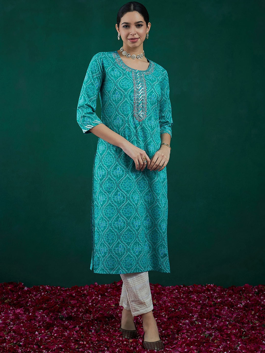 

Anouk Sea Green Bandhani Printed Thread Work Pure Cotton Straight Kurta