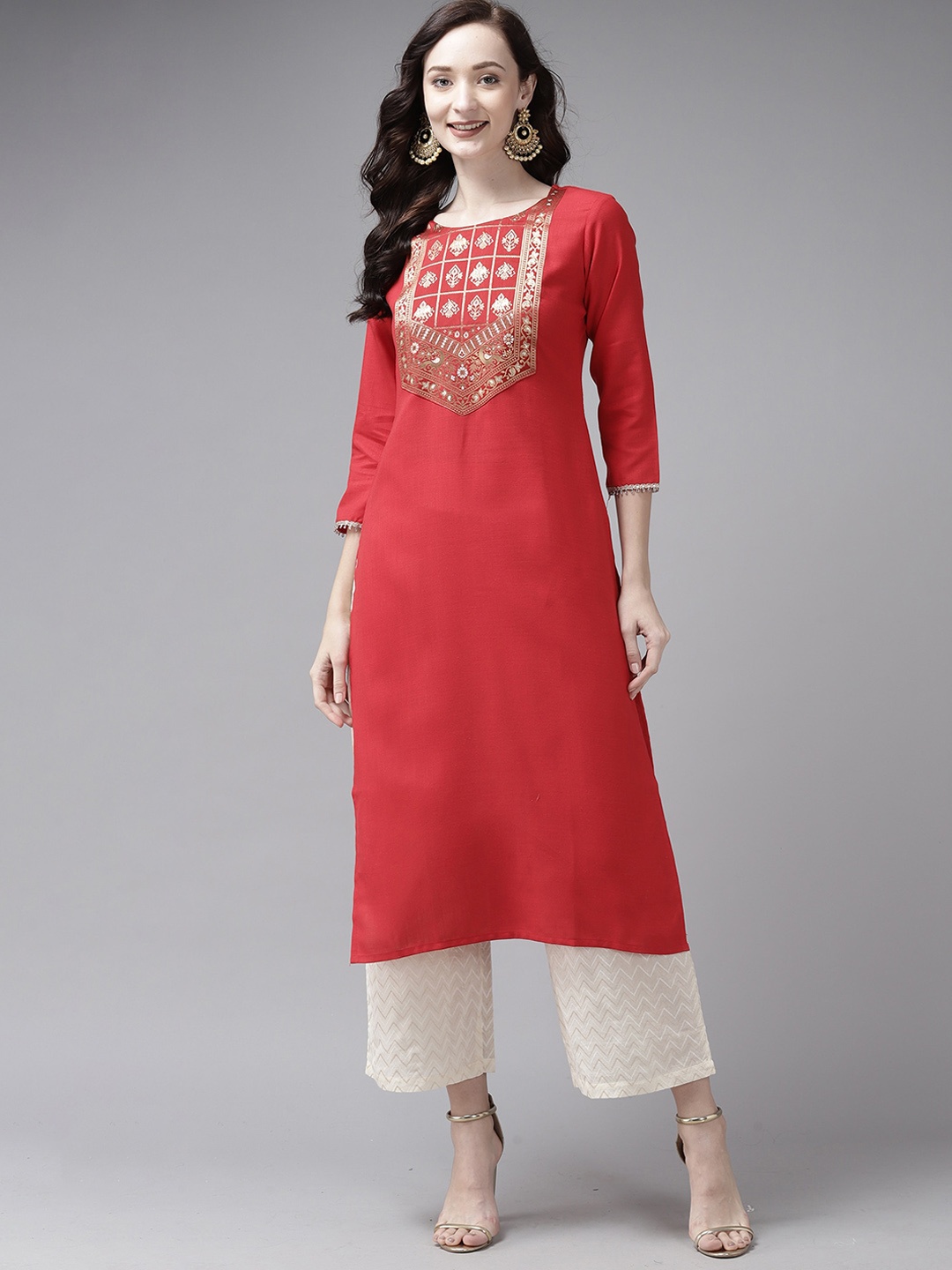 

Anouk Ethnic Motifs Yoke Design Straight Kurta, Red