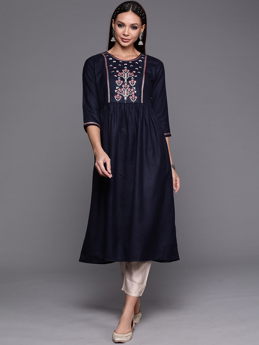 

Anouk Ethnic Motifs Yoke Design Cotton Thread Work Kurta, Navy blue
