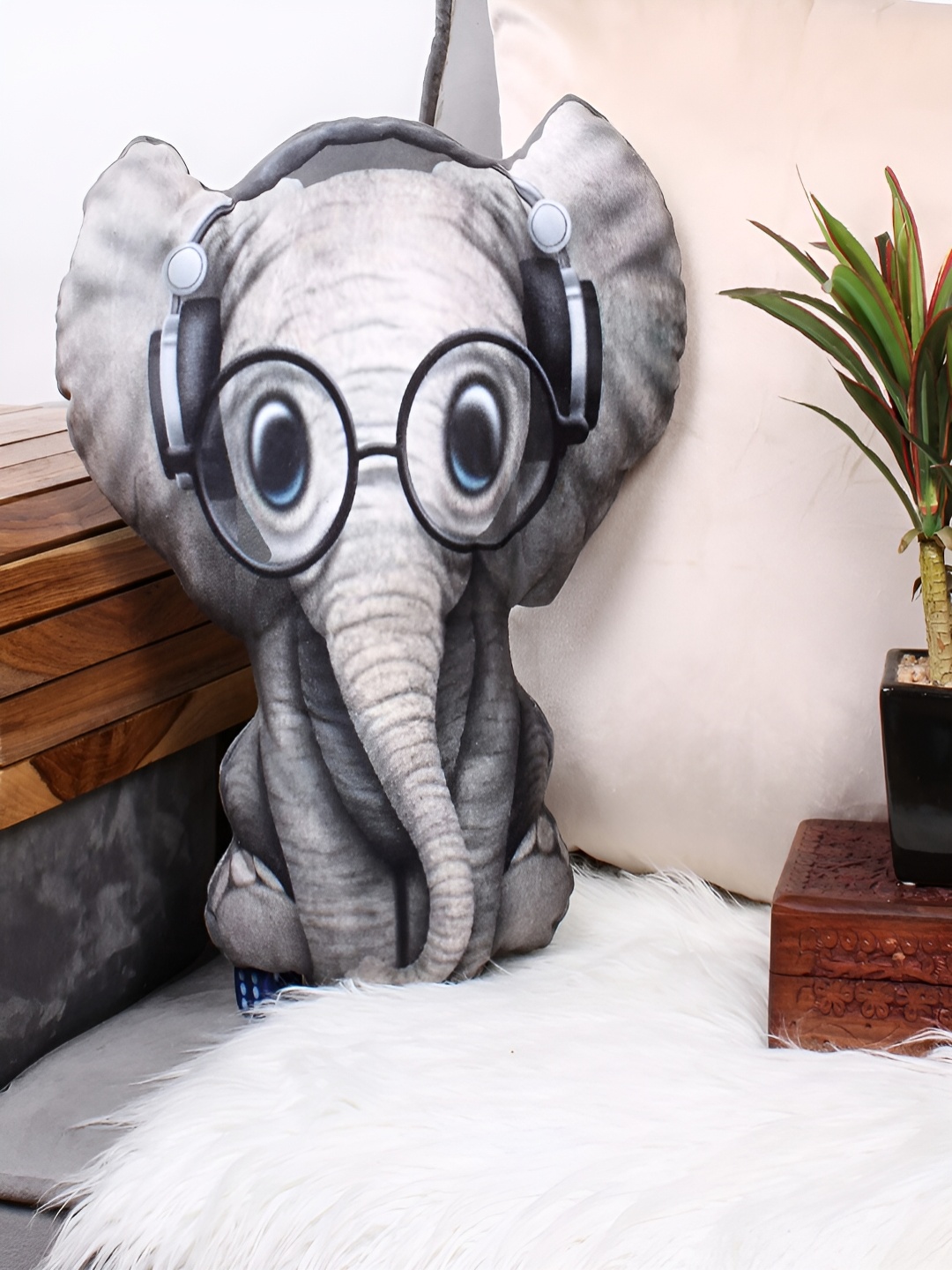 

STITCHNEST Grey Printed Elephant Velvet Pre-Filled Cushion