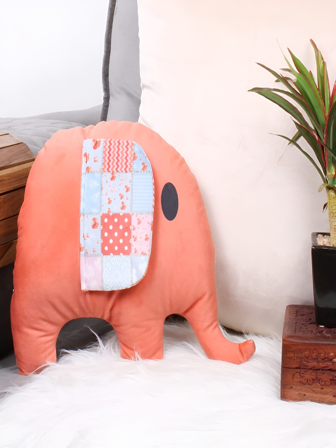 

STITCHNEST Orange & White Printed Elephant Shaped Velvet Pre-Filled Cushions