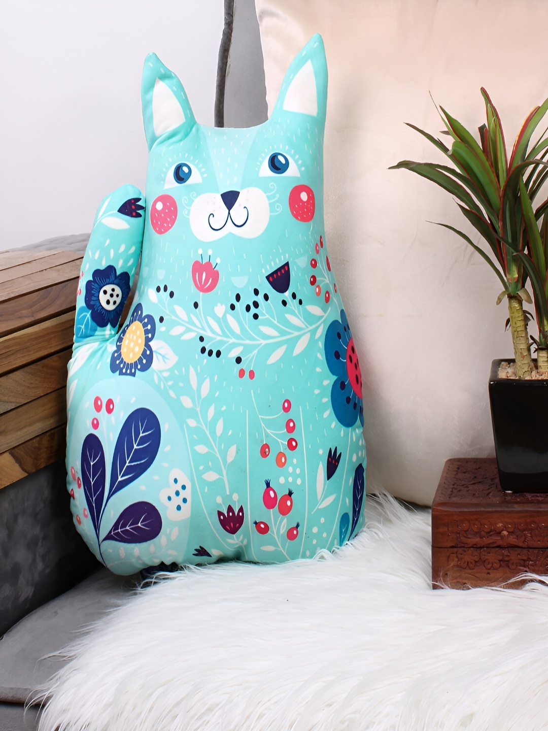 

STITCHNEST Blue Printed Cat Shaped Velvet Pre-Filled Cushion