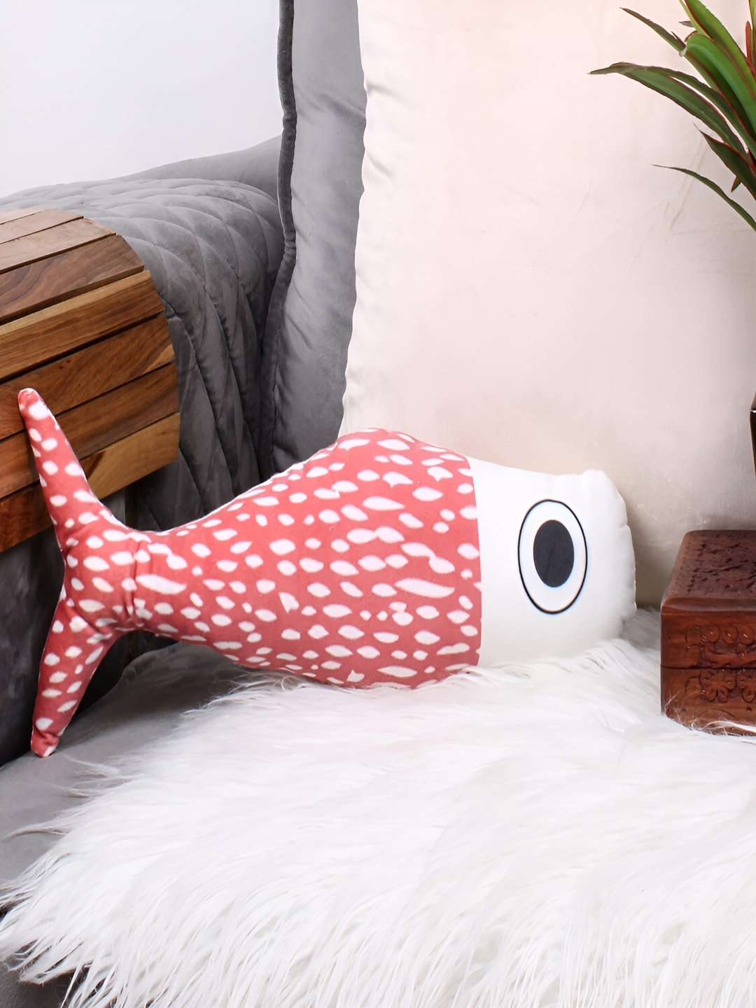 

STITCHNEST Red & White Printed Fish Shaped Velvet Pre-Filled Cushion