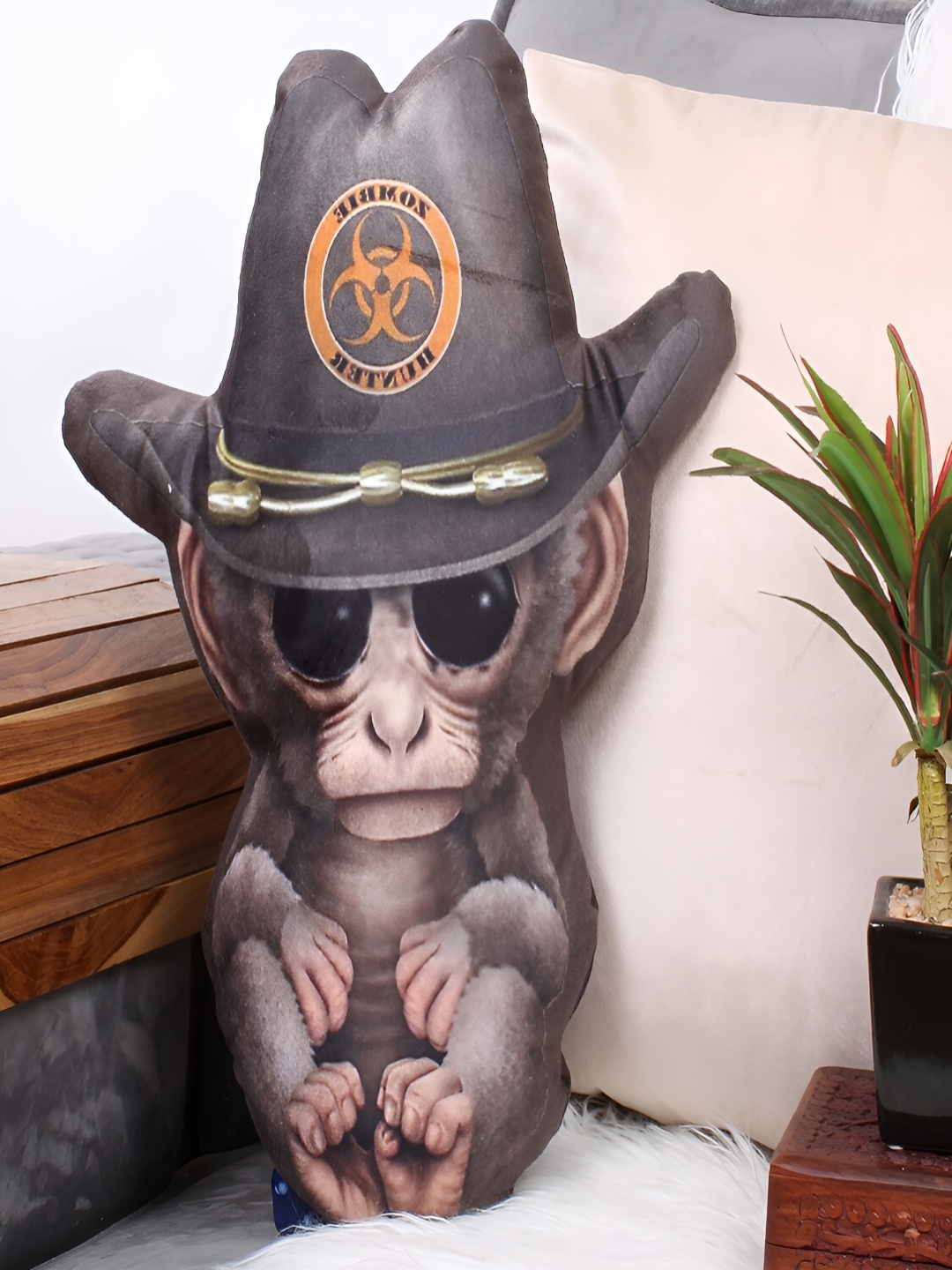 

STITCHNEST Brown & Grey Printed Monkey Shaped Velvet Pre-Filled Cushion