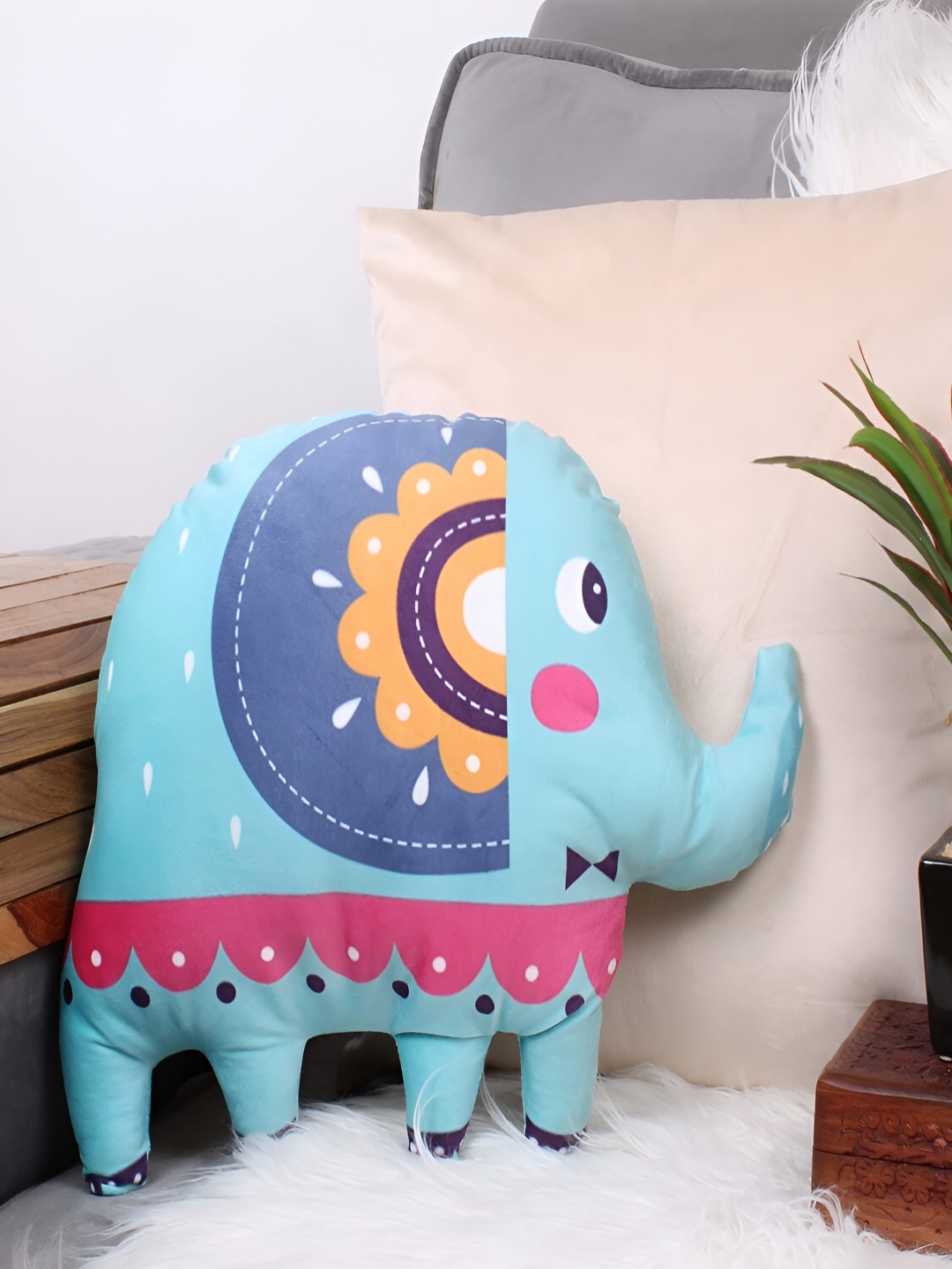 

STITCHNEST Blue Printed Elephant Cushion