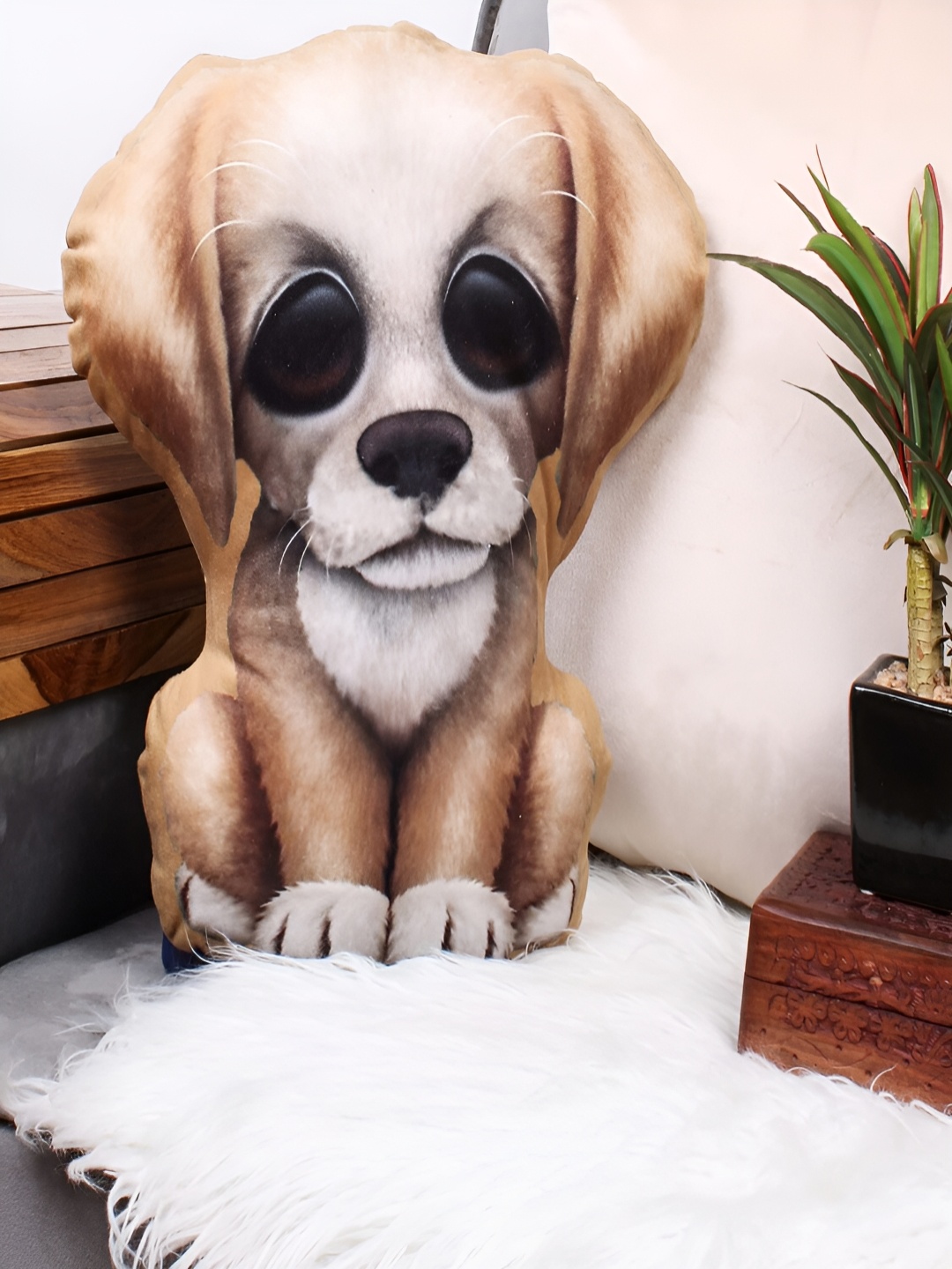 

STITCHNEST Brown Printed Dog Shaped Velvet Pre-Filled Cushion
