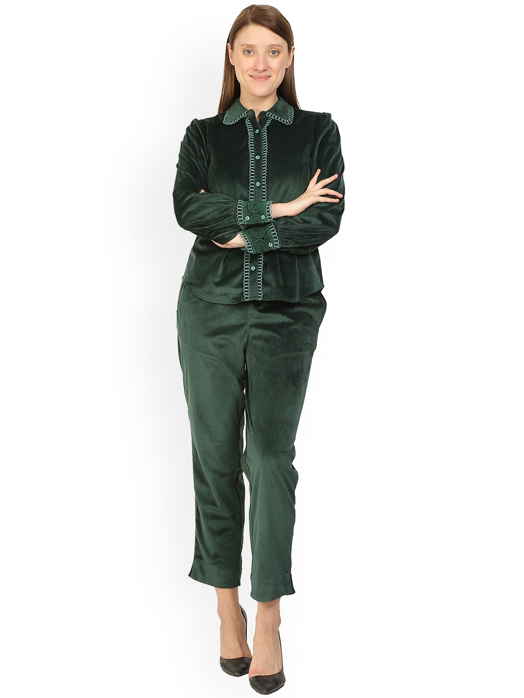 

KALINI Long Sleeves Velvet Shirt With Trousers, Green