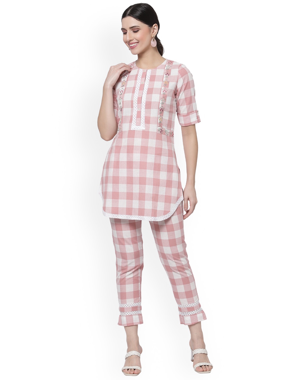 

KALINI Ruhafza Gingham Checked Pure Cotton Top With Trousers, Rose