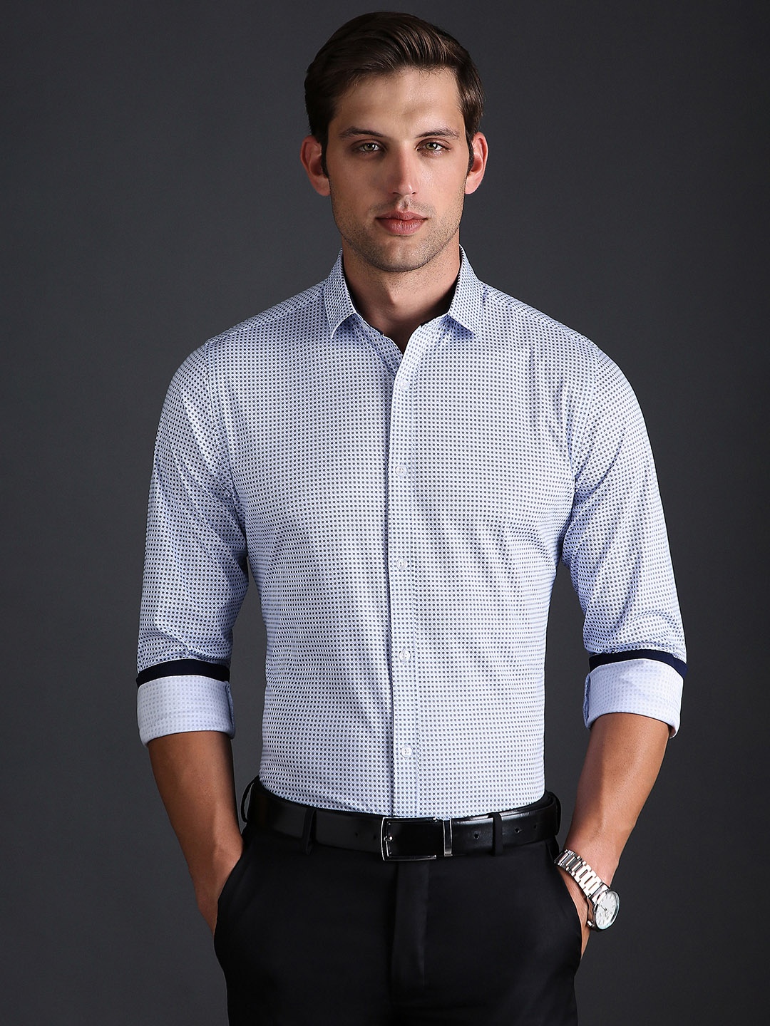 

Bergamo Slim Fit Printed Spread Collar Long Sleeves Cotton Formal Shirt, Blue