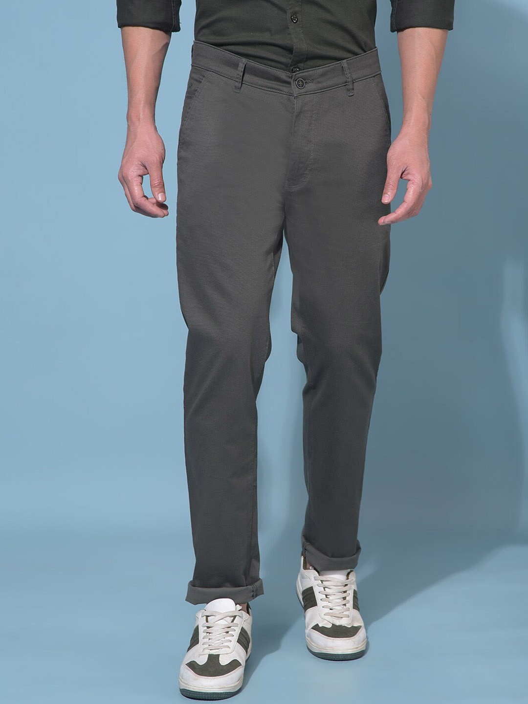 

Crimsoune Club Men Mid-Rise Smart Chinos Trousers, Olive