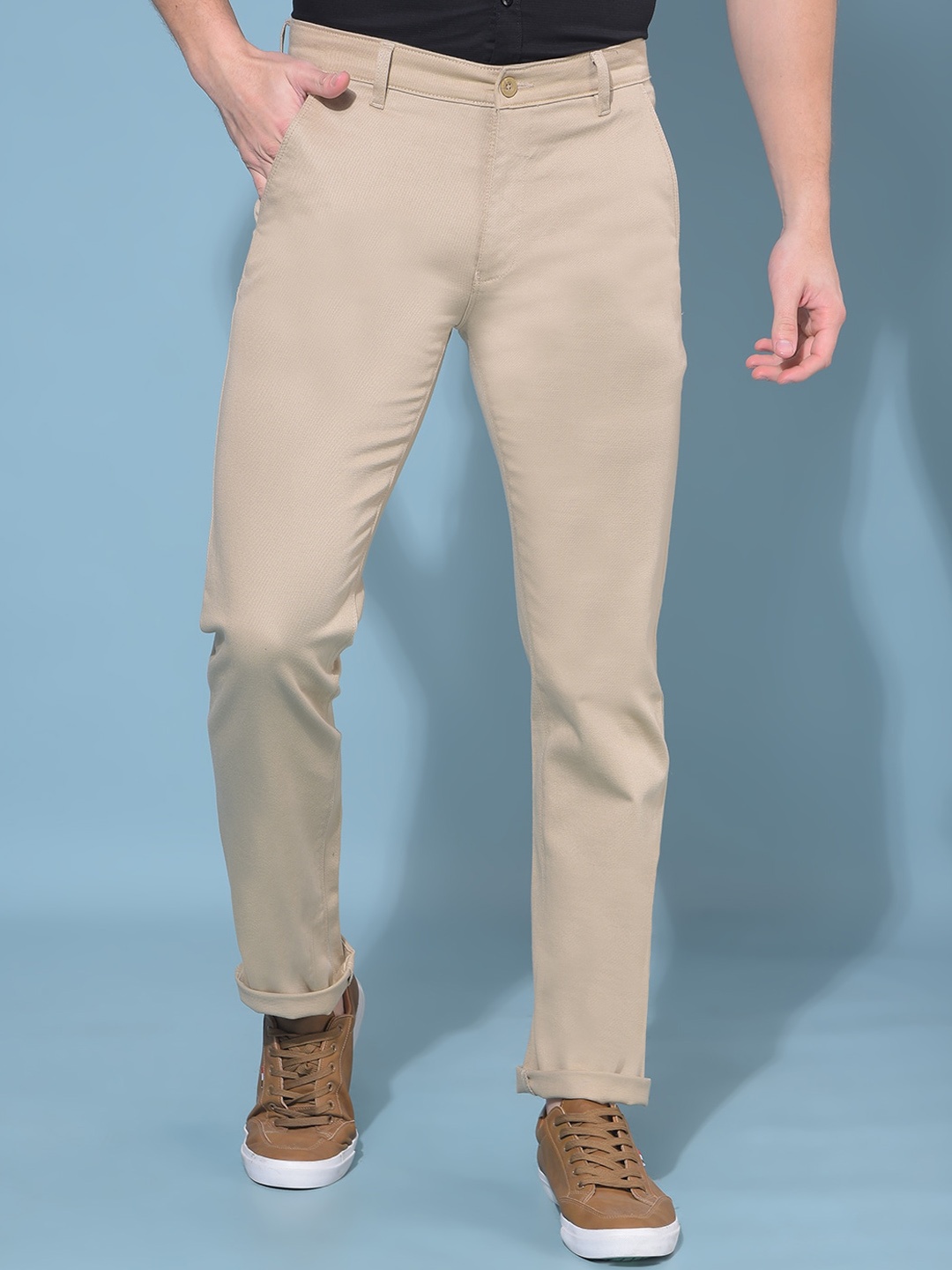 

Crimsoune Club Men Mid-Rise Smart Slim Fit Chinos Trousers, Beige