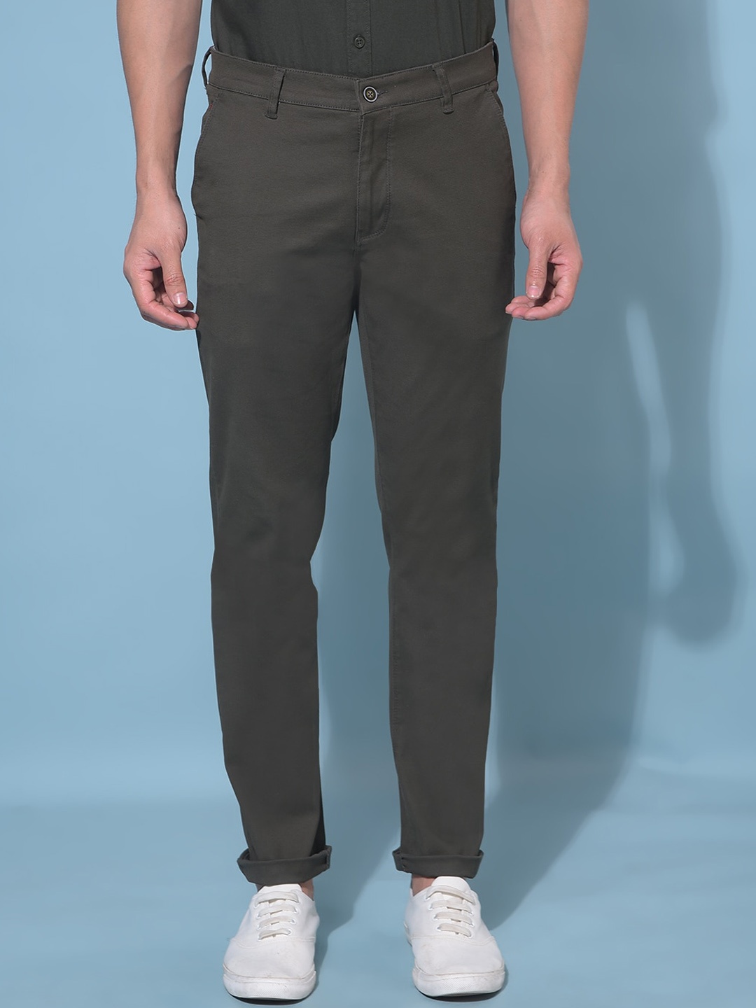 

Crimsoune Club Men Mid-Rise Smart Slim Fit Chinos Trousers, Olive