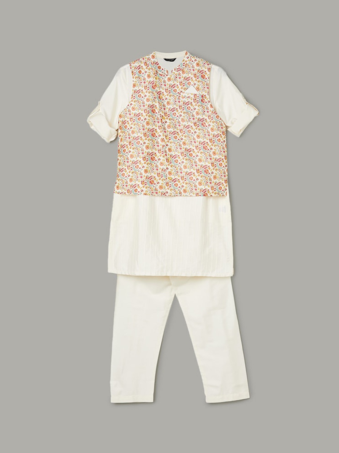 

Melange by Lifestyle Boys Vertical Striped Regular Kurta With Pyjamas & Nehru jacket, Beige