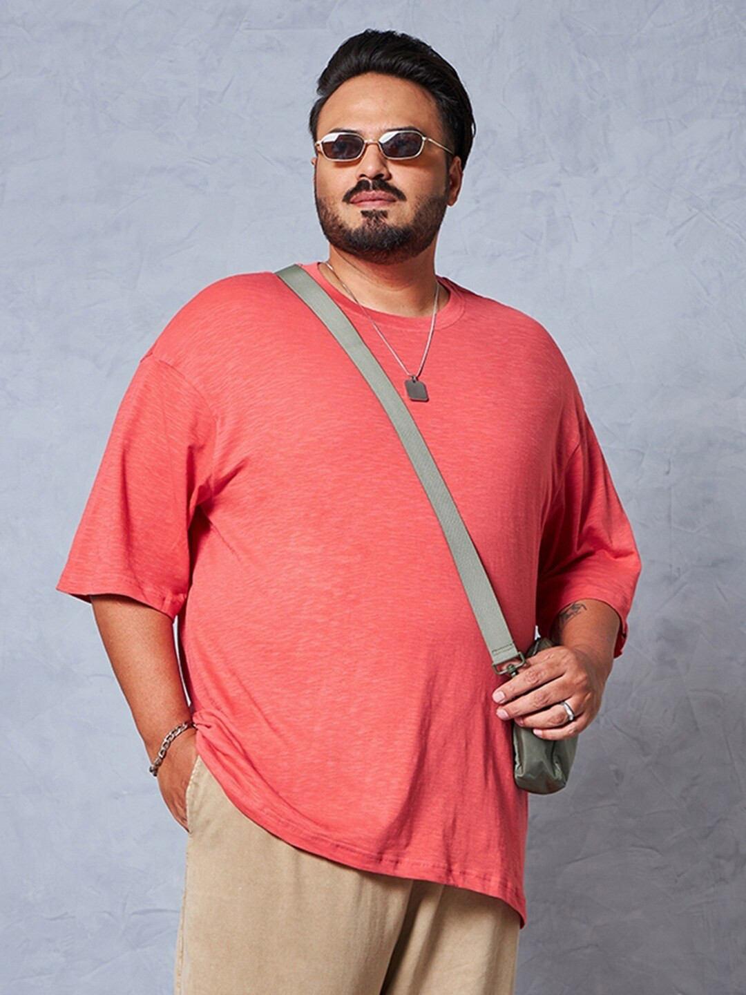 

Bewakoof Air 1.0 Men Coral Pink Oversized Plus Size T-shirt
