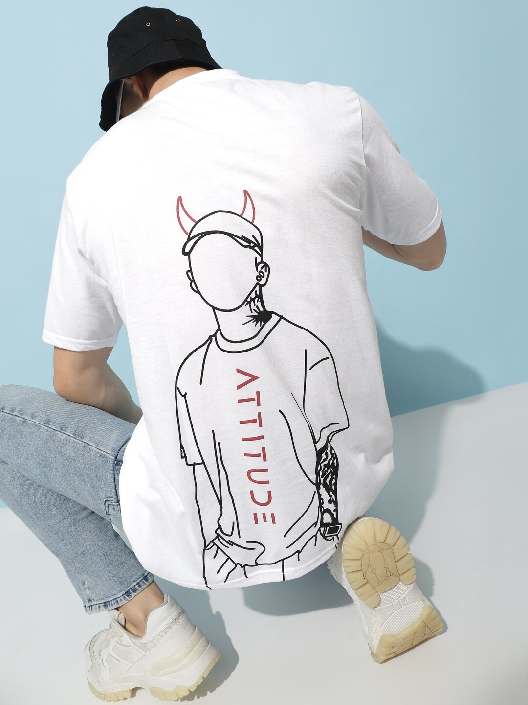 

Bukkl Graphic Printed Round Neck Applique Cotton Oversized Tshirt, White