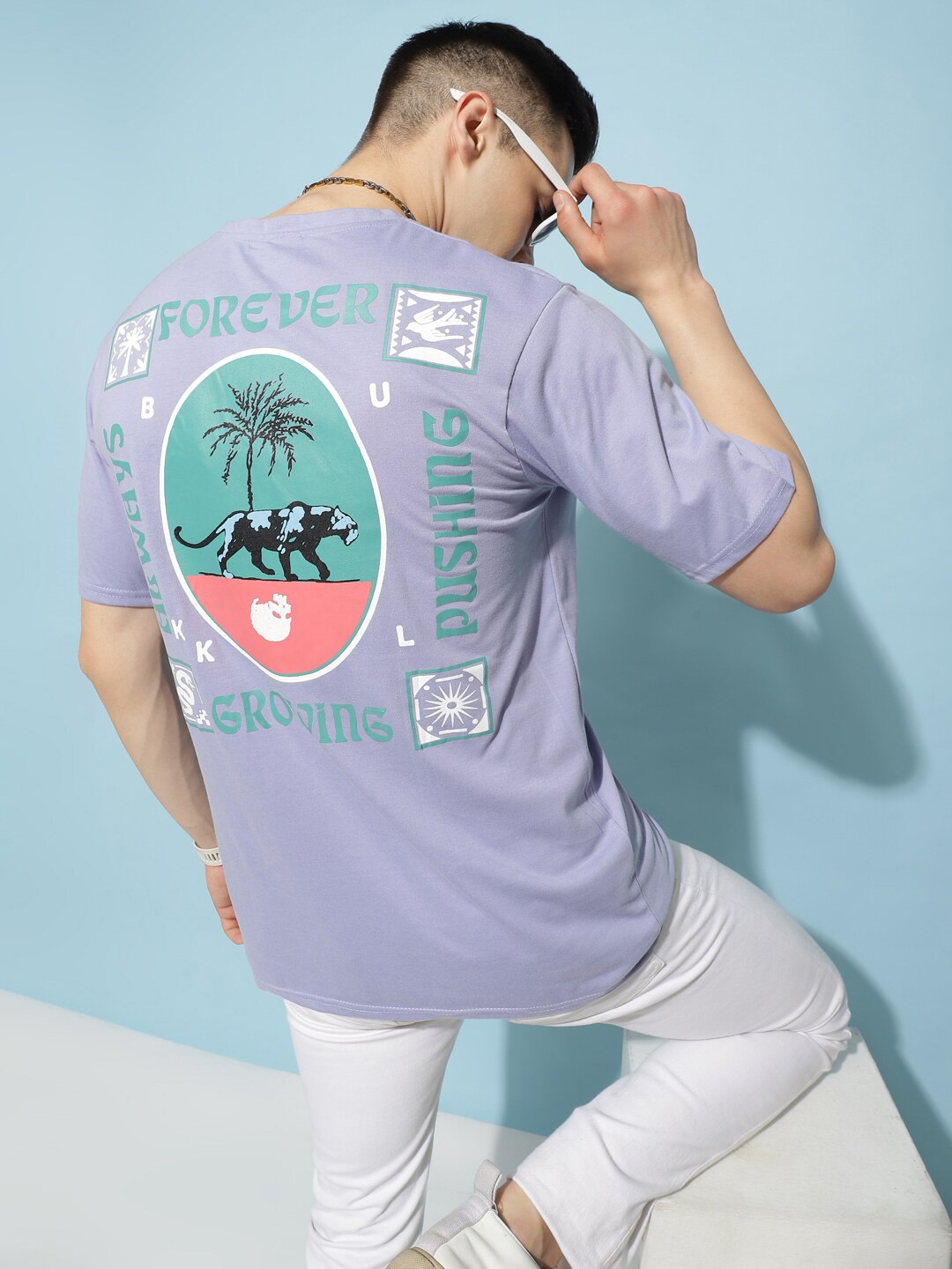 

Bukkl Typography Printed Round Neck Cotton Oversized T-shirt, Lavender