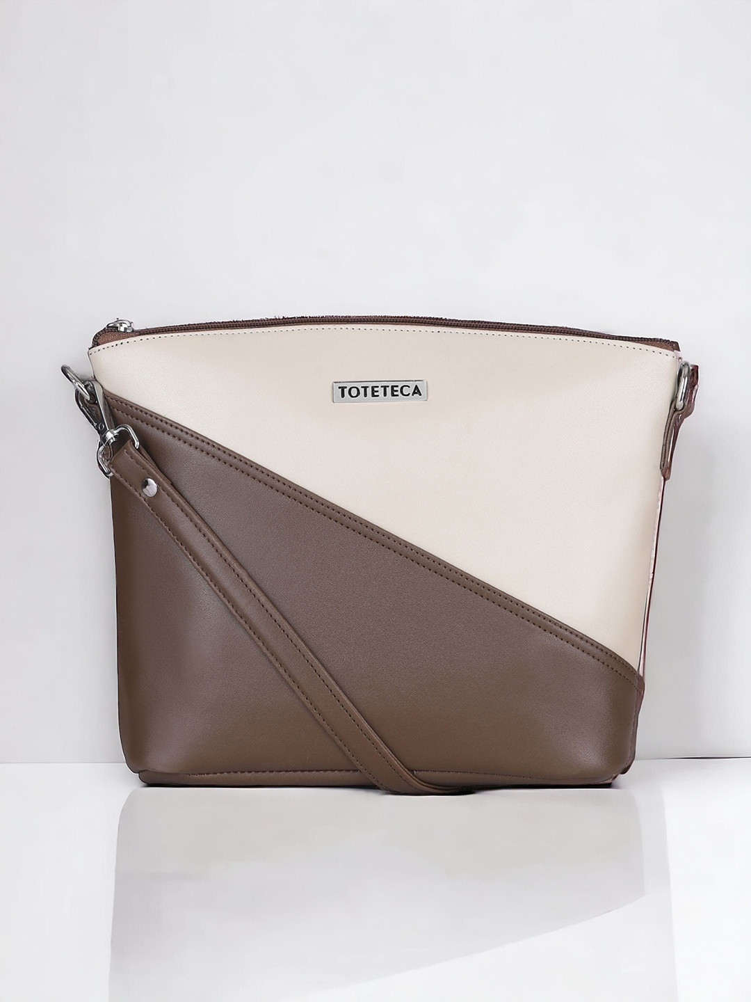 

Toteteca Colourblocked Oversized Structured Sling Bag, Beige