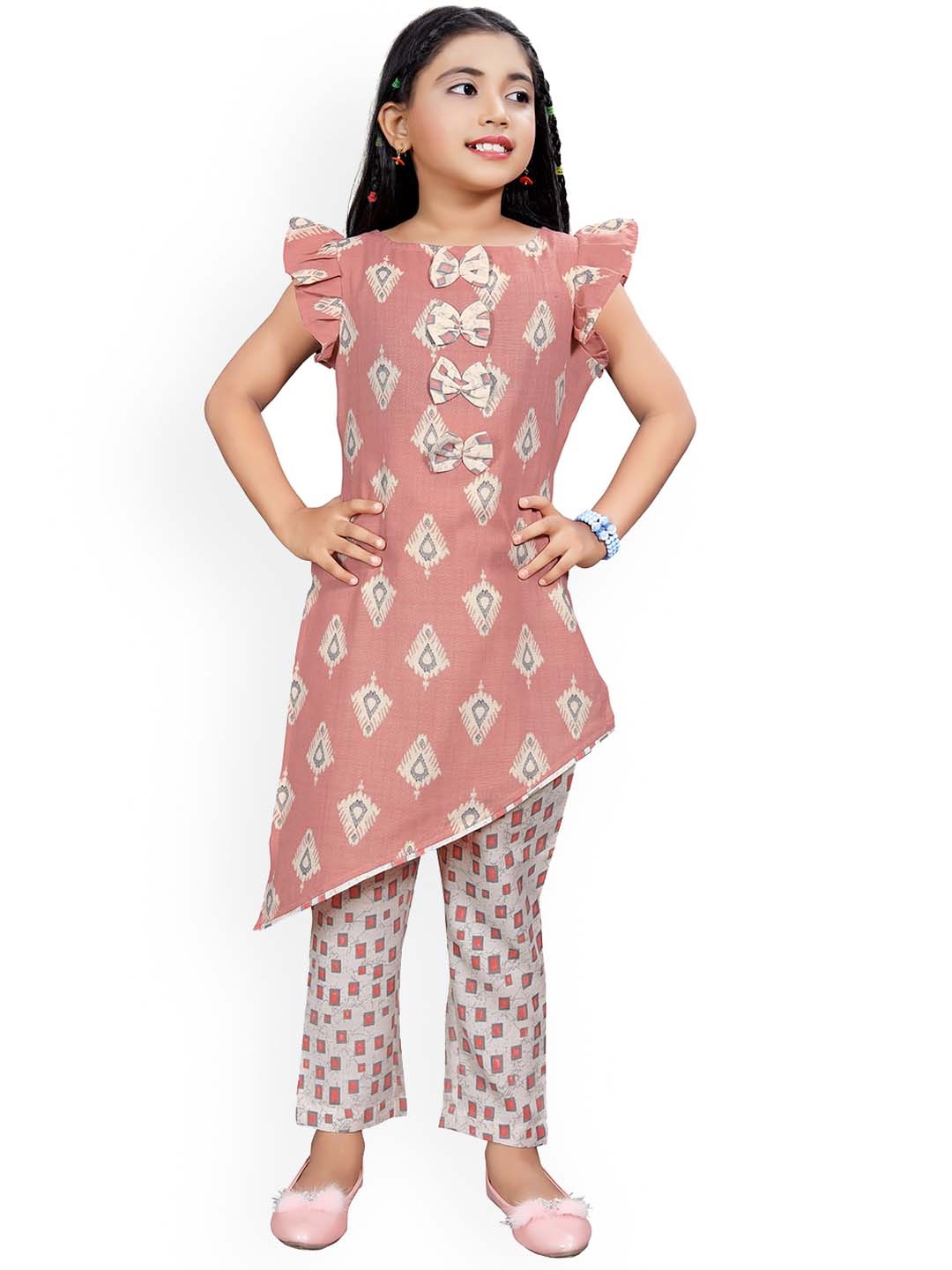 

SWAADHI Girls Ethnic Motif Printed Flutter Sleeve Asymmetric A-Line Kurta & Trousers, Brown