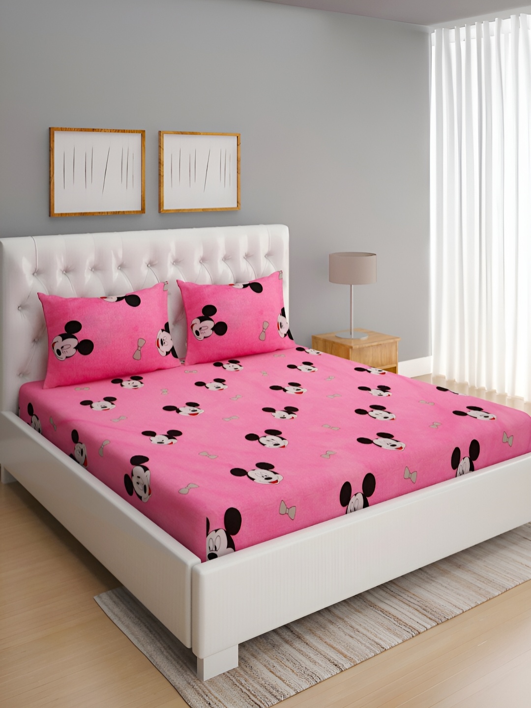 

ROMEE Pink & White Cartoon Characters 144 TC Queen Bedsheet with 2 Pillow Covers