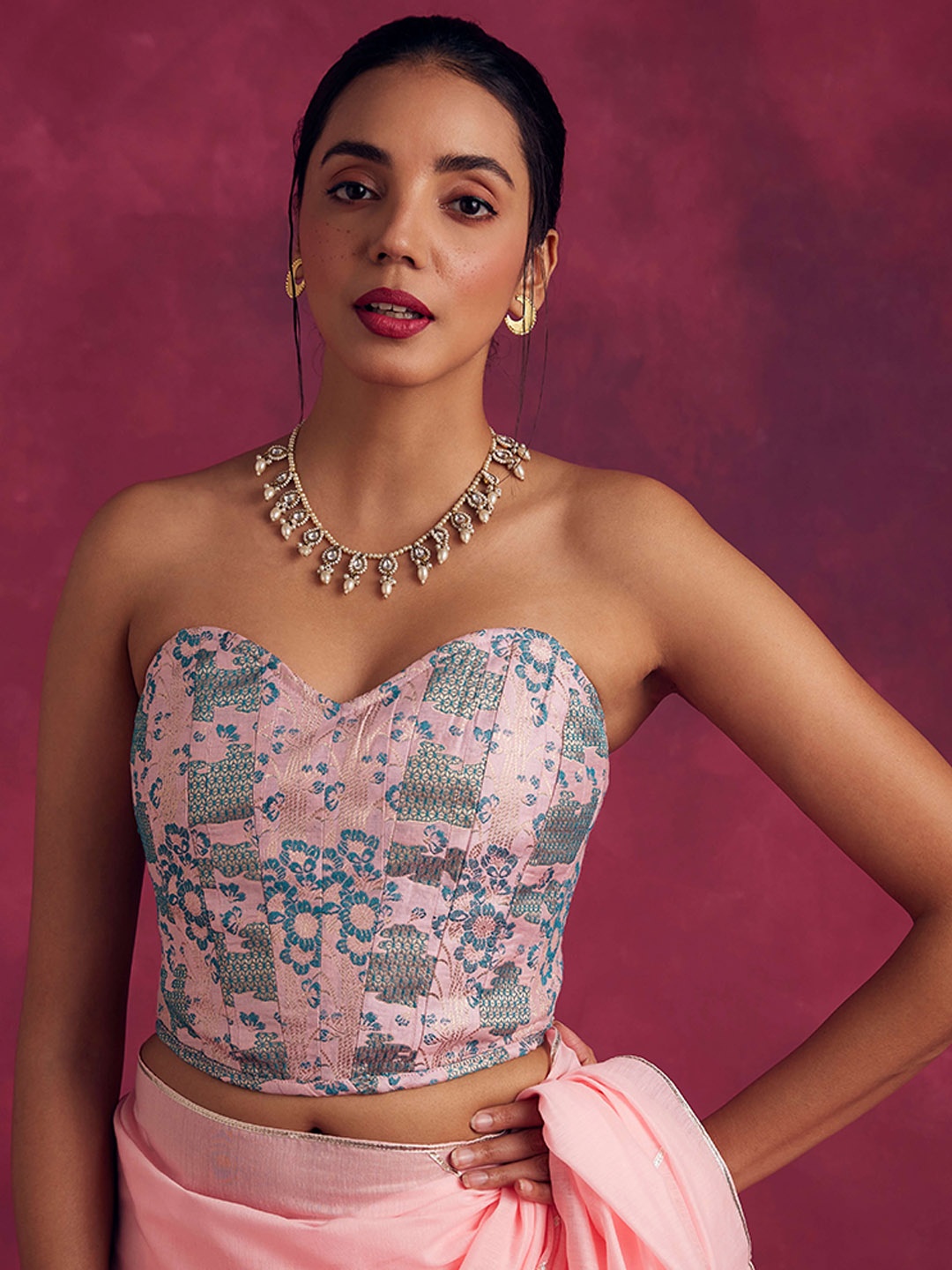 

Abhishti Woven Design Sweetheart Neck Banarasi Saree Blouse, Pink