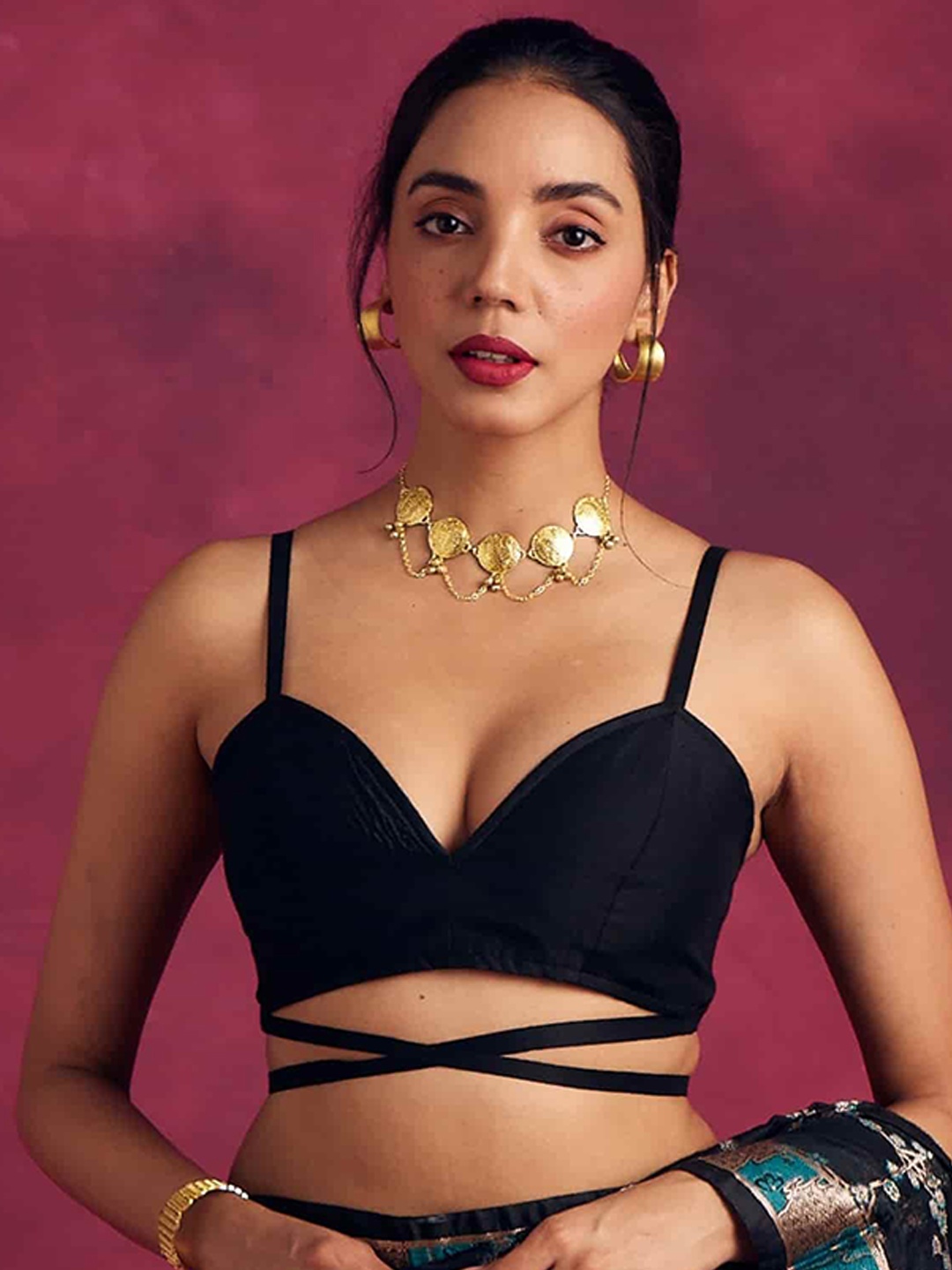 

Abhishti Demi-Shaped Cotton Saree Blouse With Criss Cross Tie Up, Black