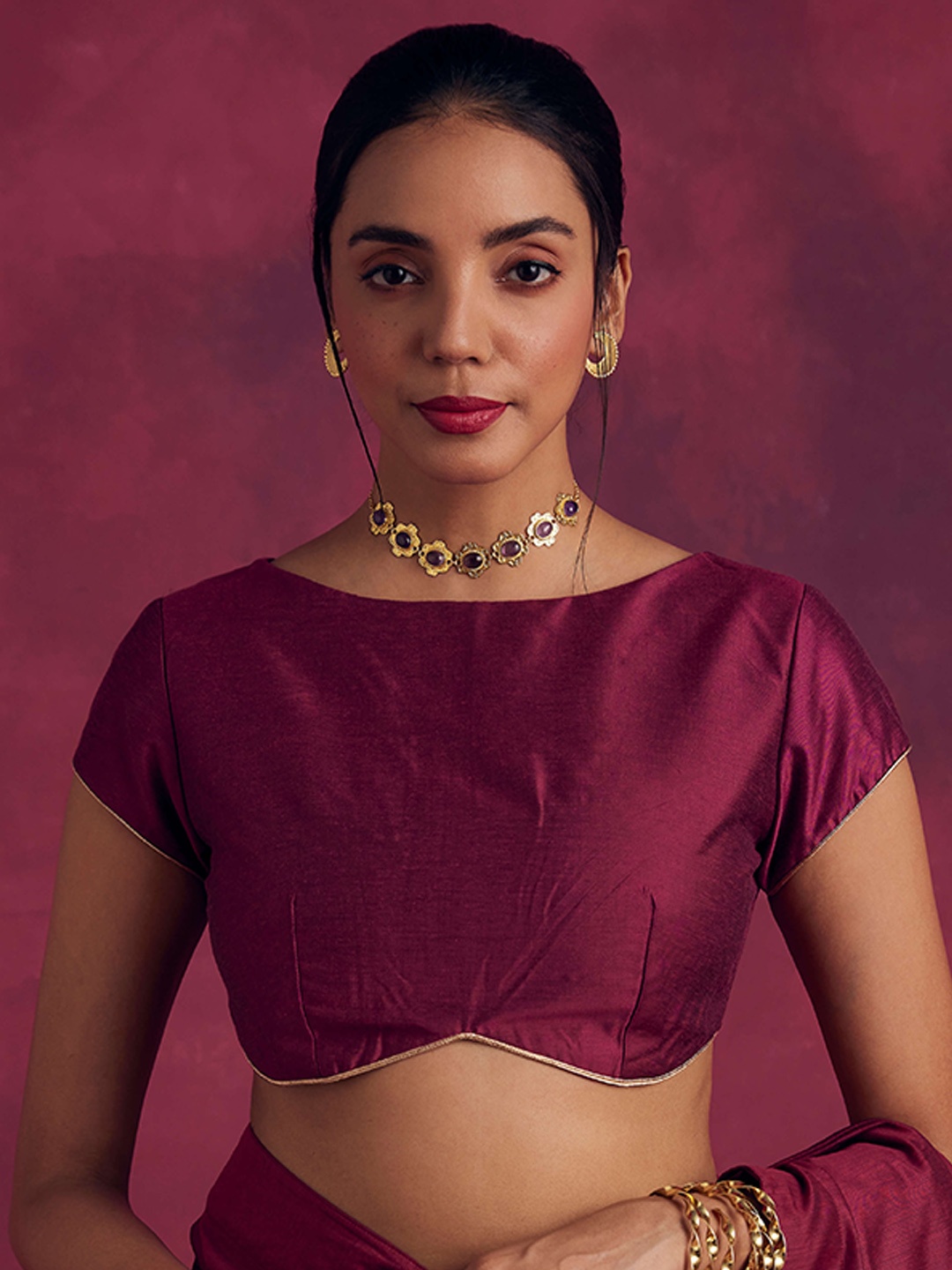 

Abhishti Boat Neck Cap Sleeves Cotton Saree Blouse, Magenta