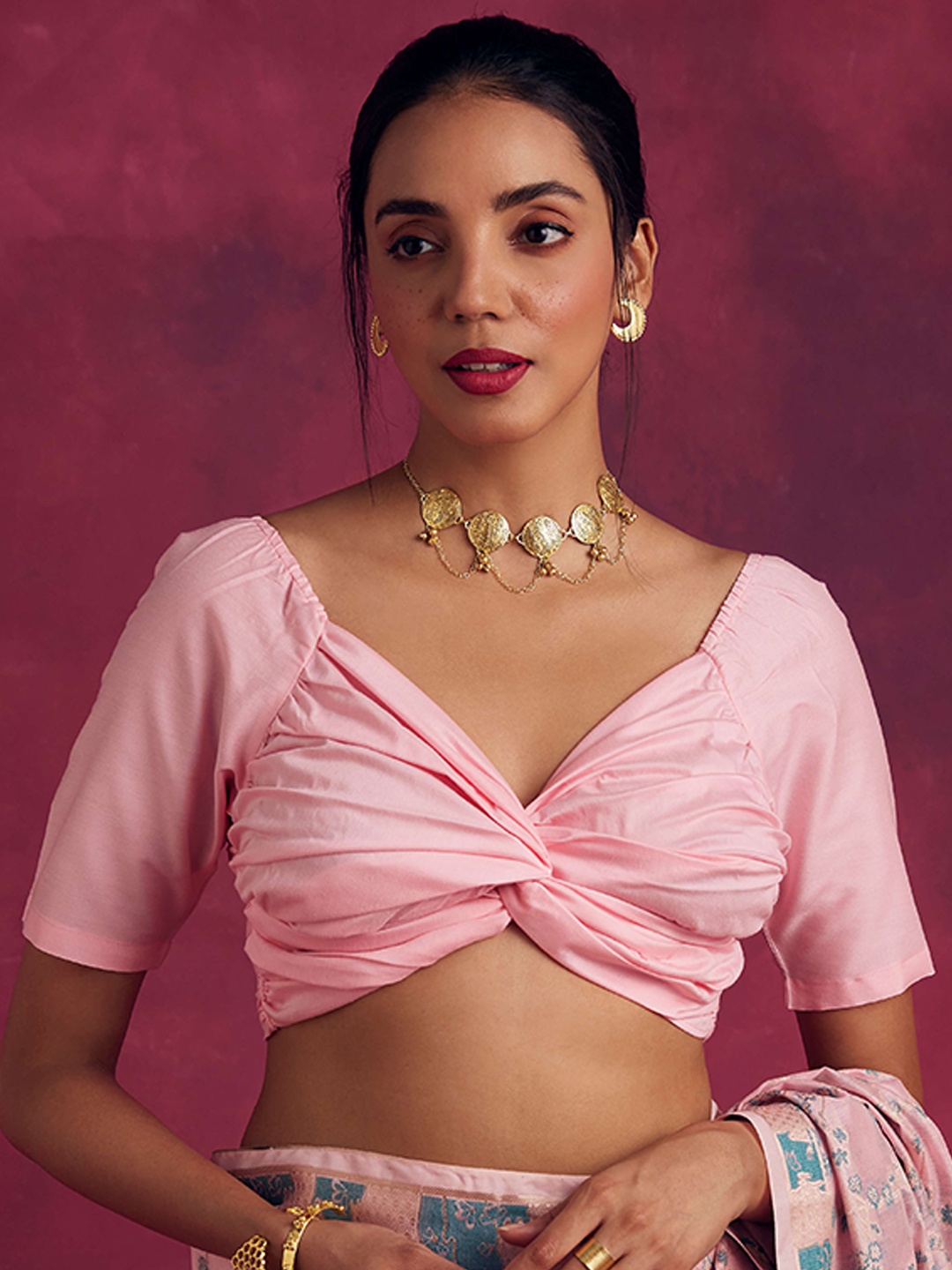 

Abhishti V-Neck Gathered Cotton Saree Blouse, Pink