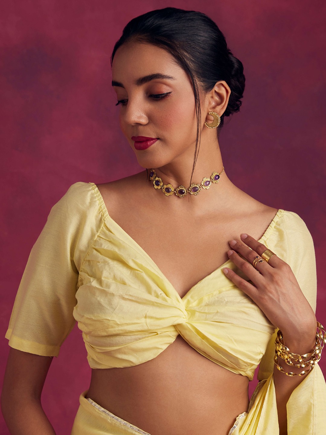 

Abhishti V-Neck Gathered Cotton Saree Blouse, Yellow