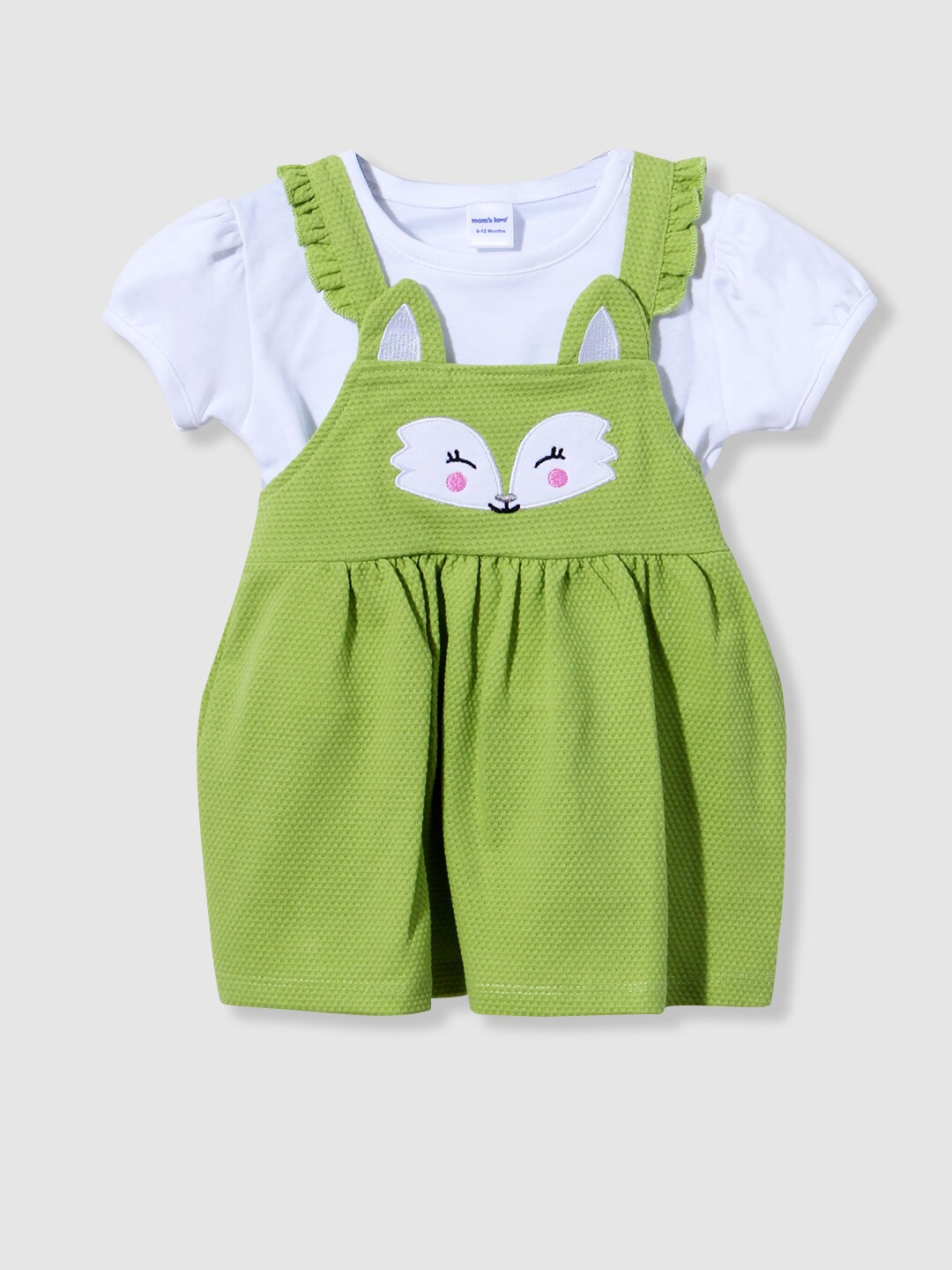 

Moms Love Infant Girls Embellished Gathered Detailed Cotton Pinafore Dress With T-shirt, Green