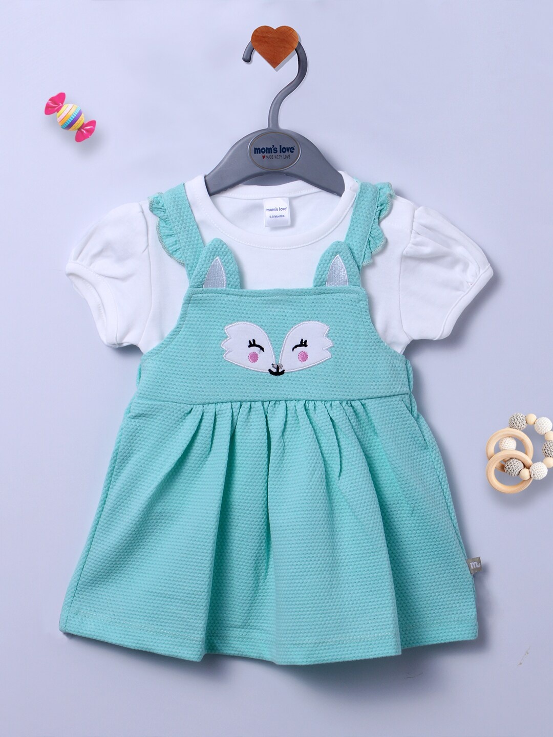 

Moms Love Infant Girls Embellished Gathered Detailed Cotton Pinafore Dress With T-shirt, Sea green