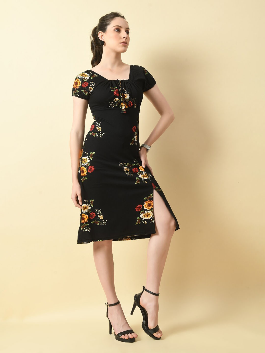 

BAESD Floral Printed Square Neck Sheath Dress, Black