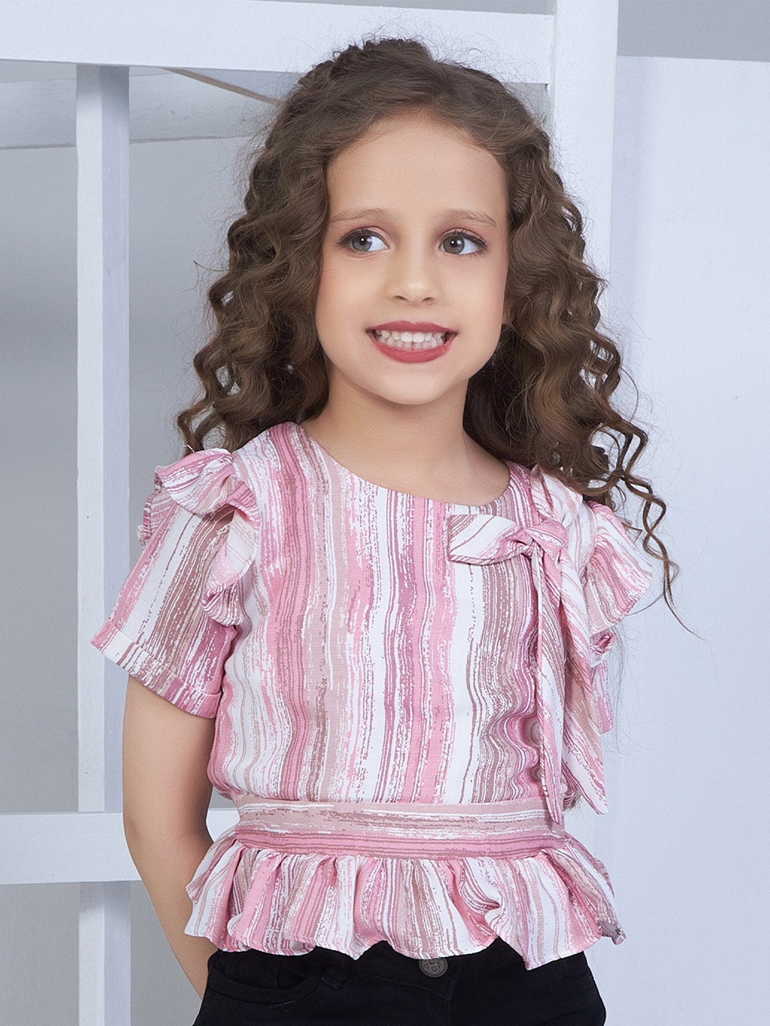 

Peppermint Girls Striped Ruffles Cinched Waist Top, Peach